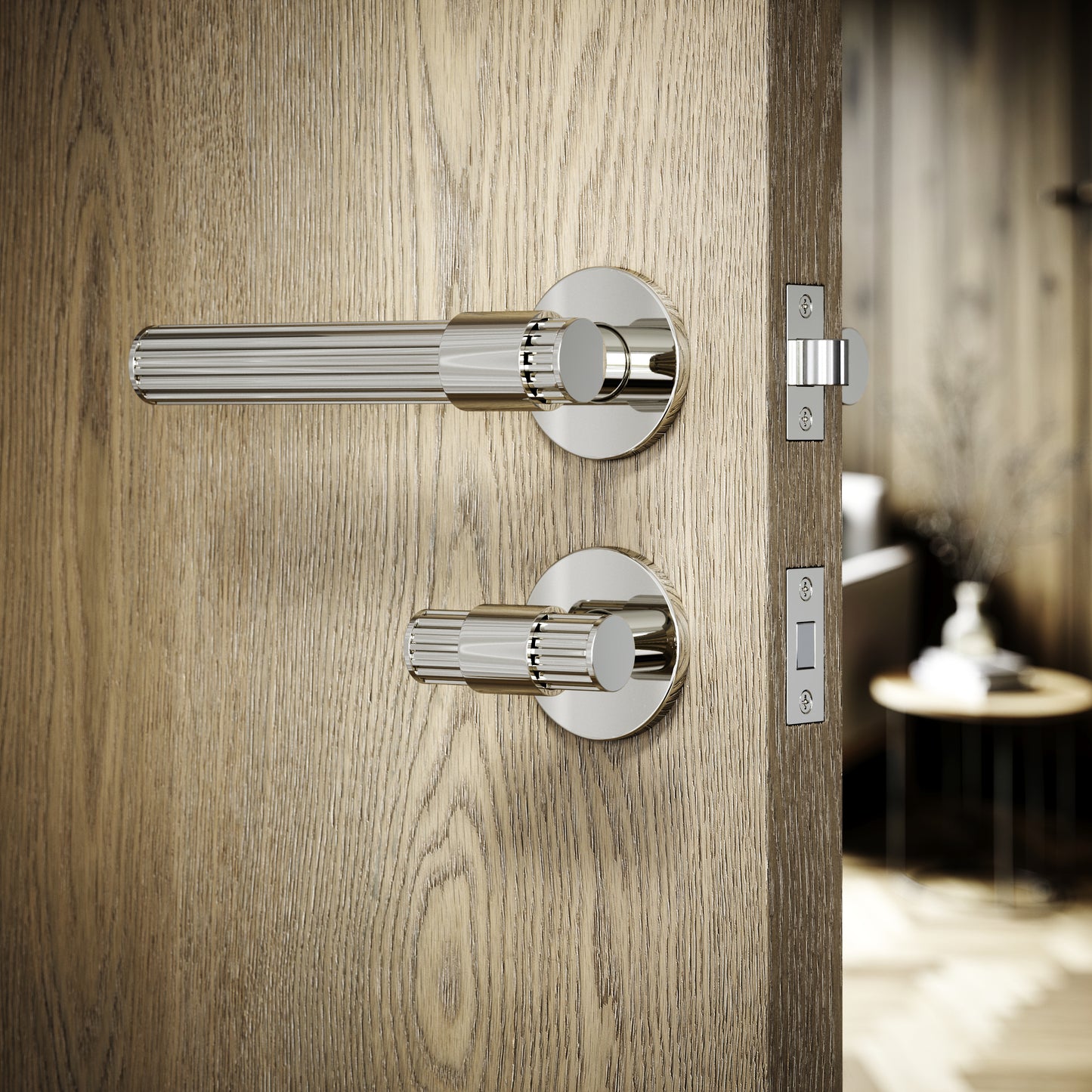 Royal Oak Polished Nickel Deep Flute Bathroom WC Handle & Round Thumbturn Set