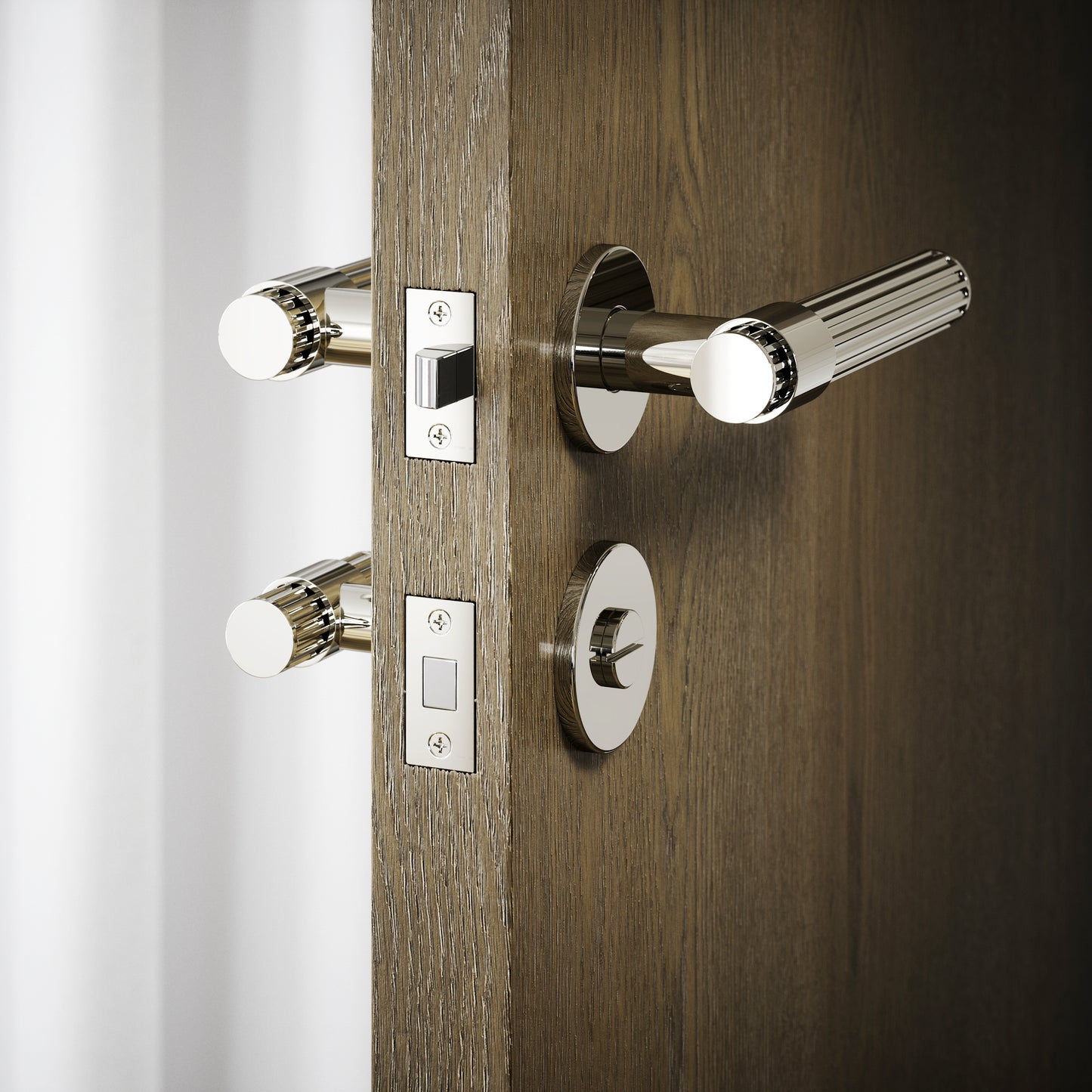 Royal Oak Polished Nickel Deep Flute Bathroom WC Handle & Round Thumbturn Set