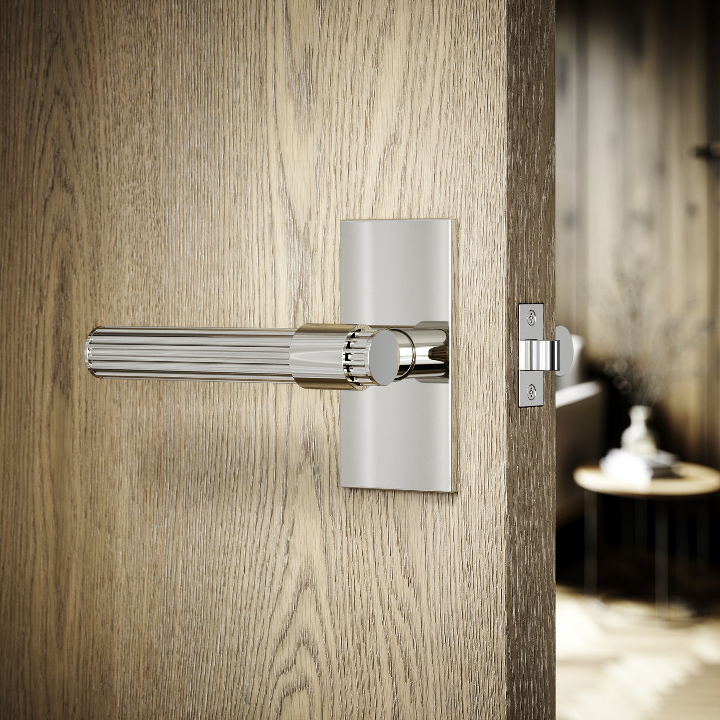Royal Oak Plate Polished Nickel Deep Flute Lever Door Handles