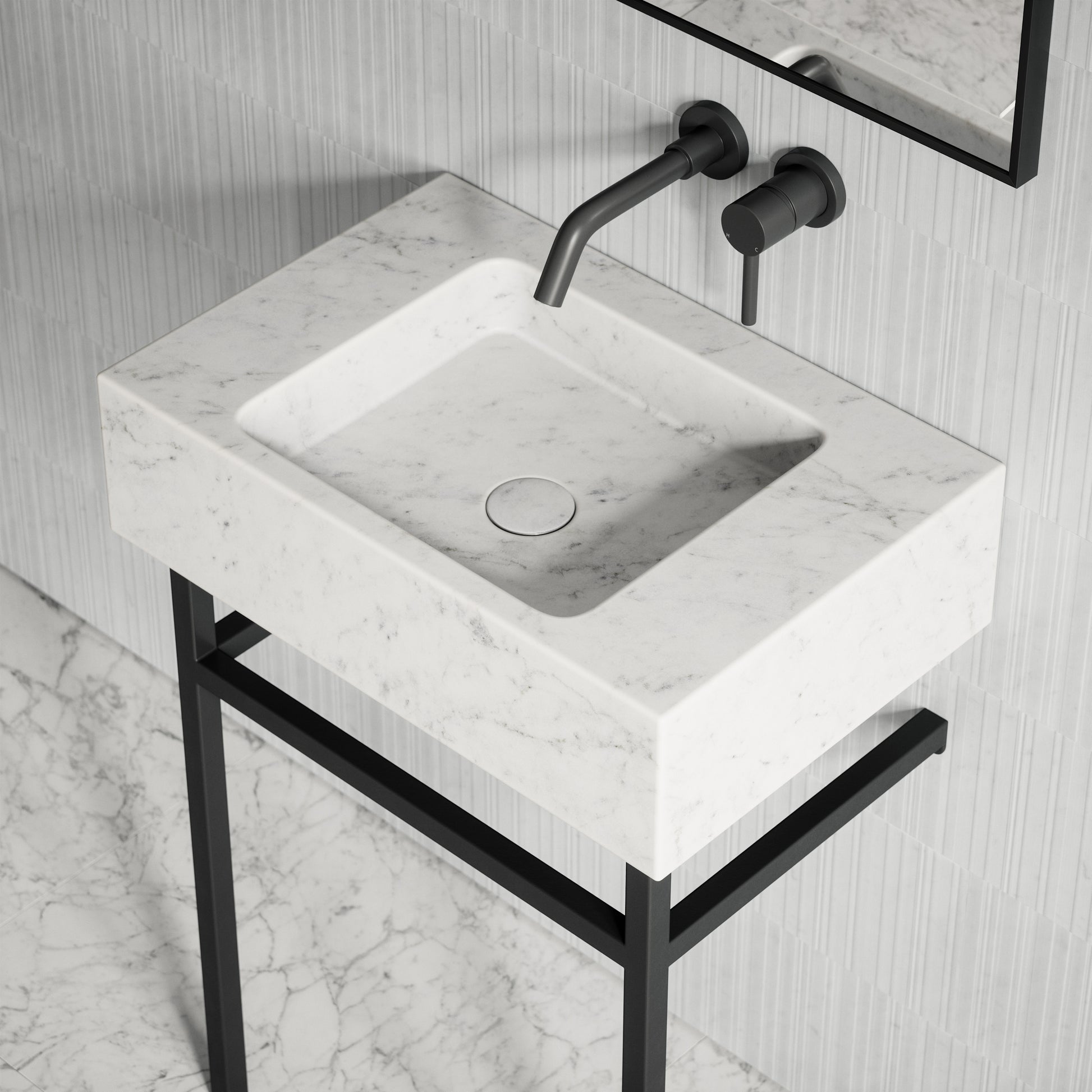 Vernante Carrara Marble Matte Black Vanity Unit 600mm