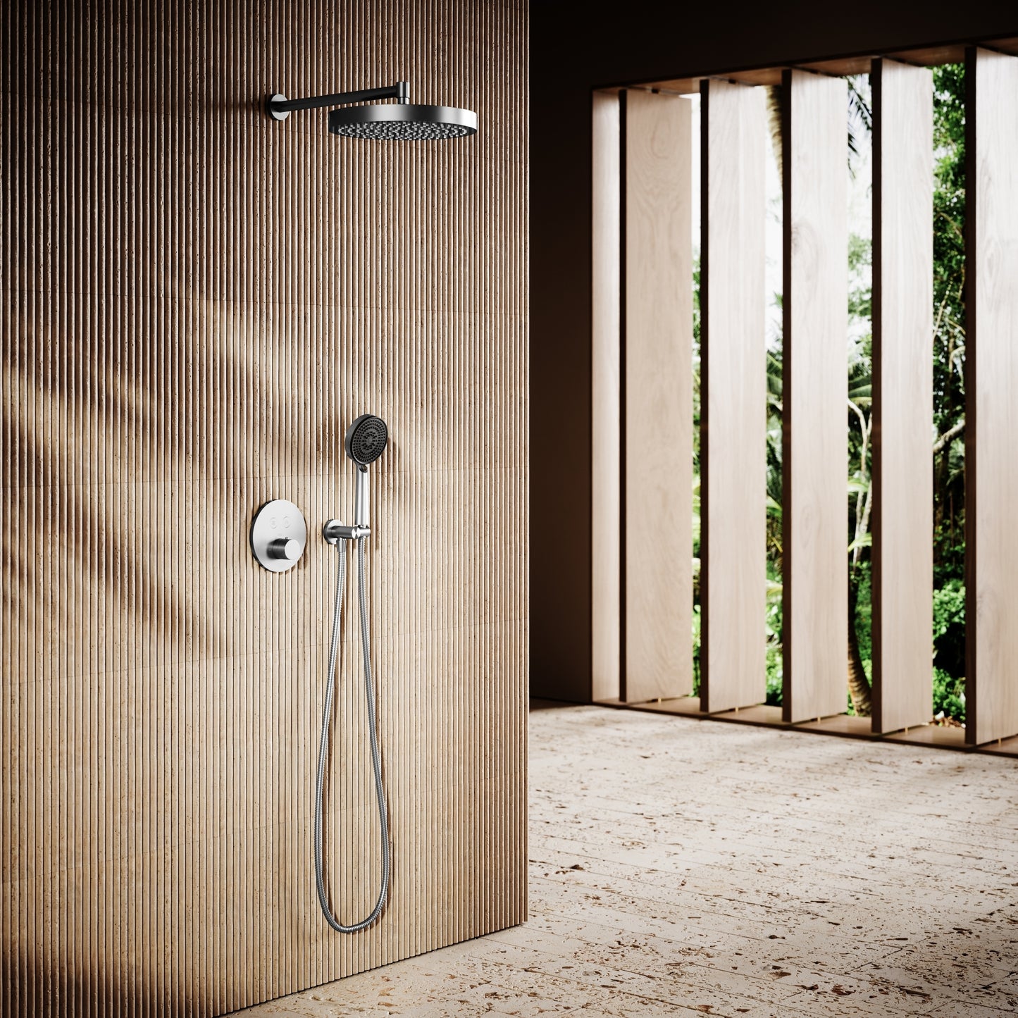 AcquaVita Brushed Stainless Push Button Rainfall Shower