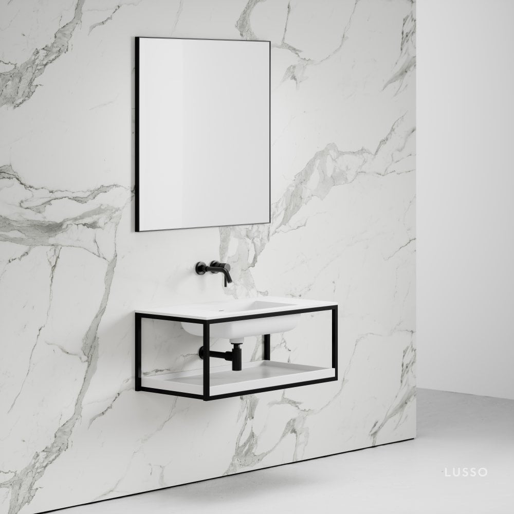 Aria Vanity Unit with Stone Basin Matte Black Frame 900mm