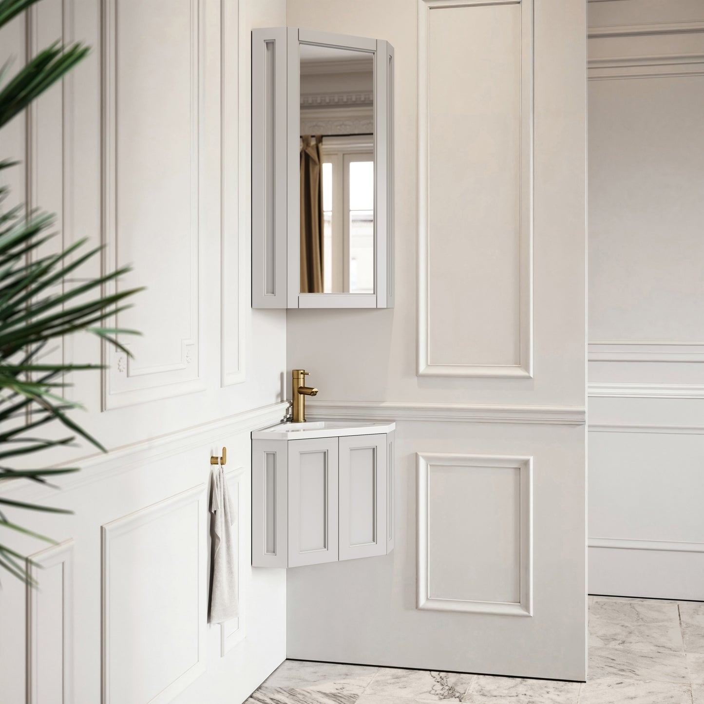 Blenheim Matte Stone Corner Vanity Unit with Mirror Cabinet 390mm