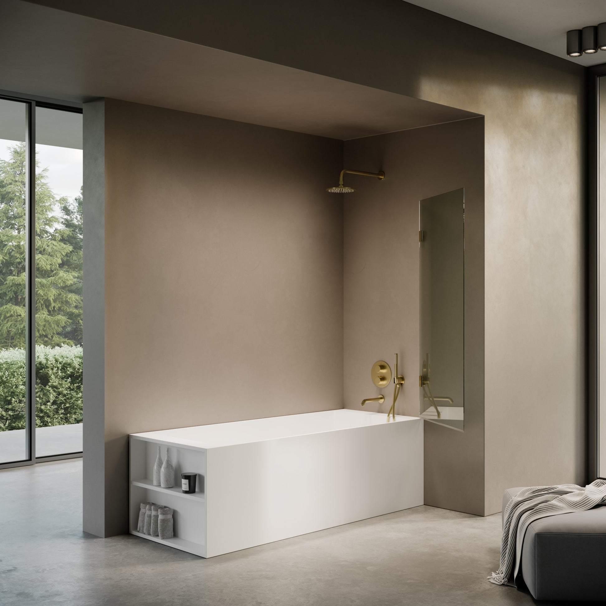 Cabina Brushed Gold Frameless Hinged Bath Shower Screen 800mm