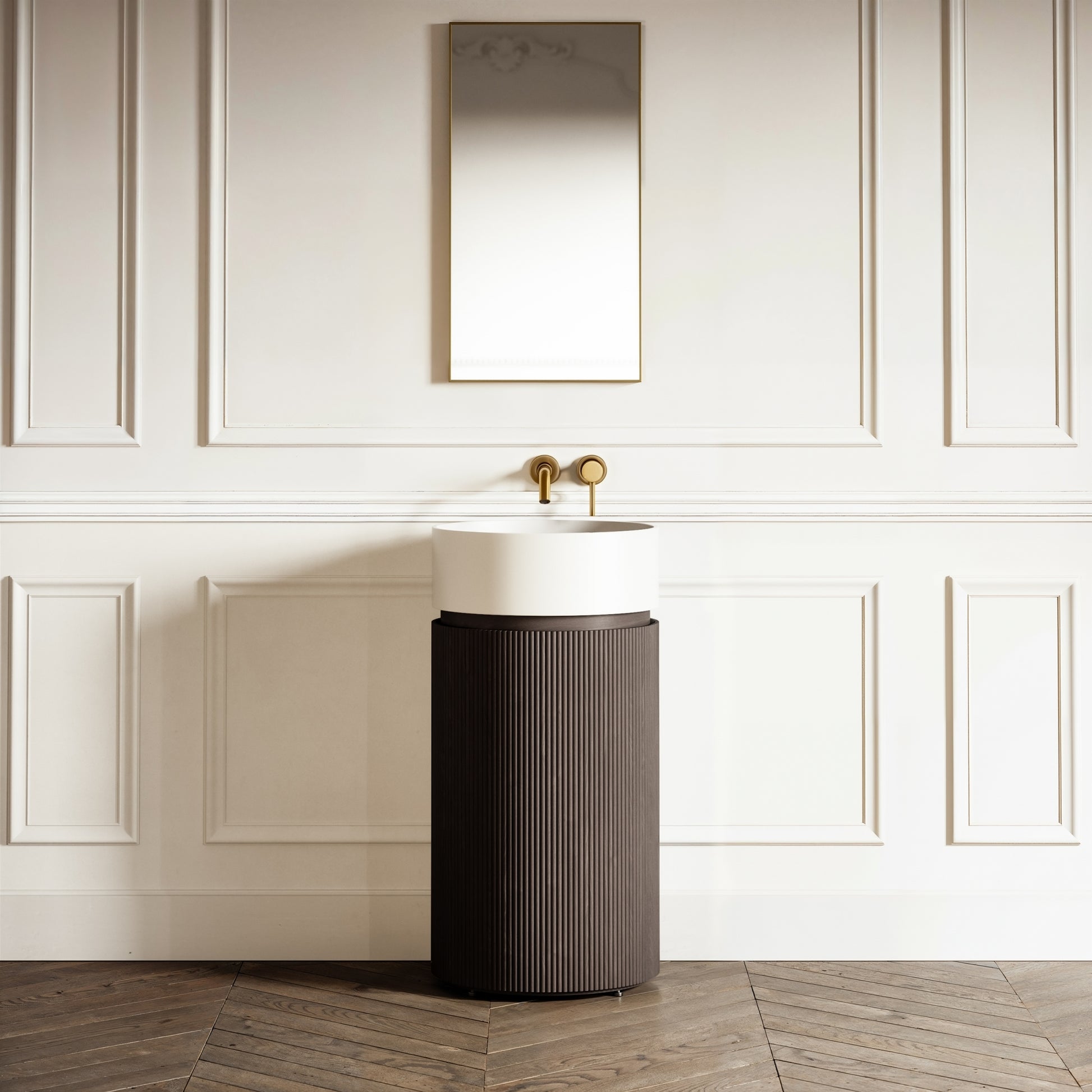 Chic Grey Oak Wood Grain Cylinder Vanity Unit with Stone Basin 450mm