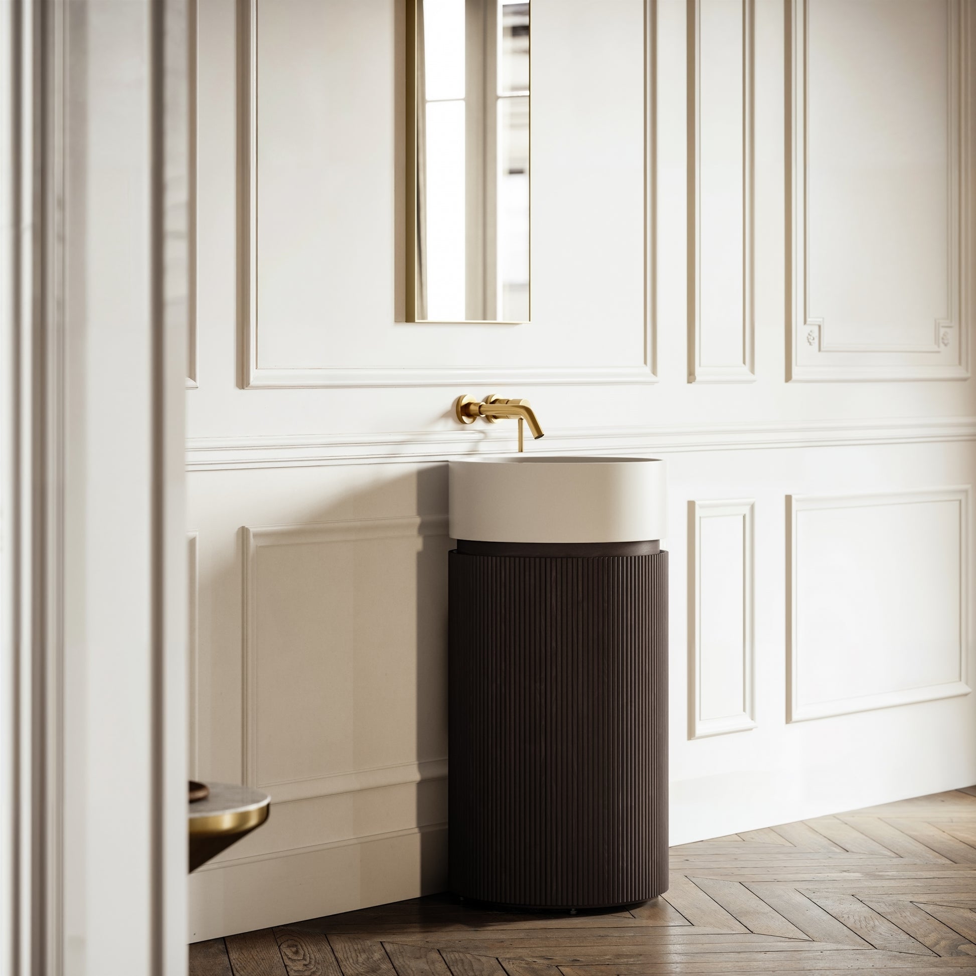 Chic Grey Oak Wood Grain Cylinder Vanity Unit with Stone Basin 450mm