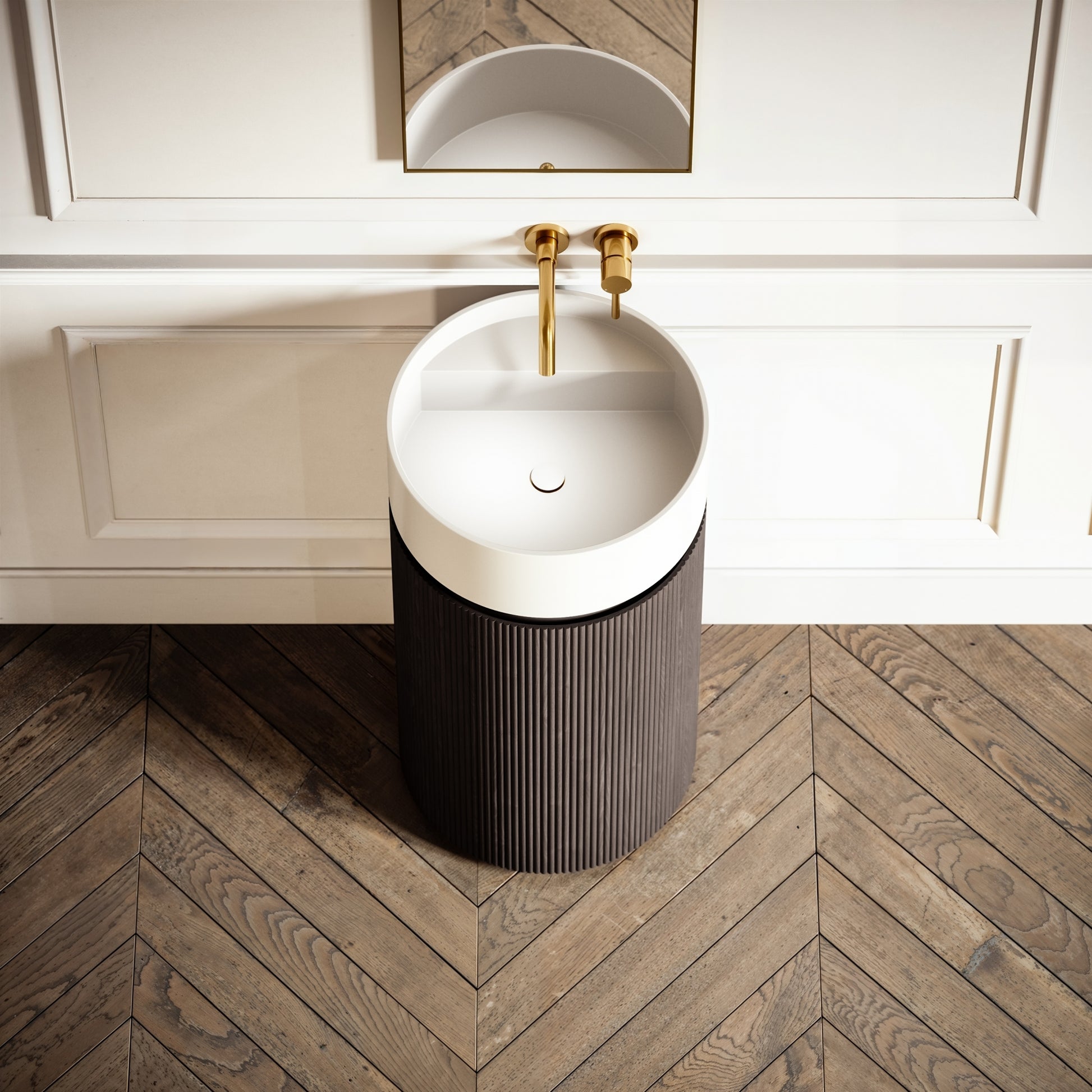 Chic Grey Oak Wood Grain Cylinder Vanity Unit with Stone Basin 450mm