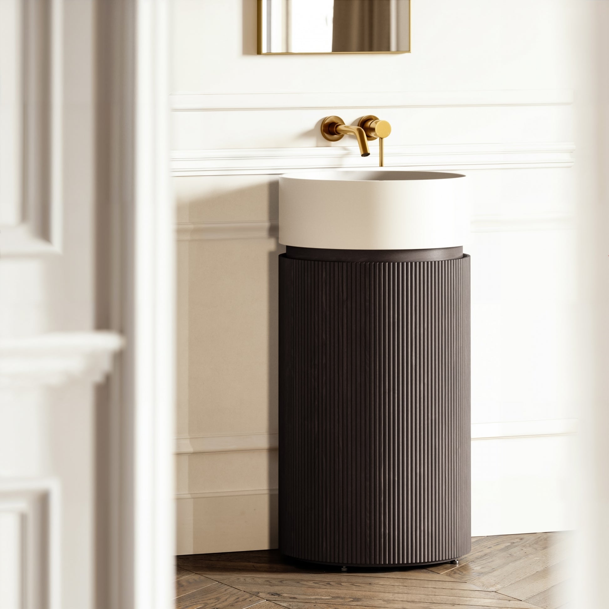 Chic Grey Oak Wood Grain Cylinder Vanity Unit with Stone Basin 450mm