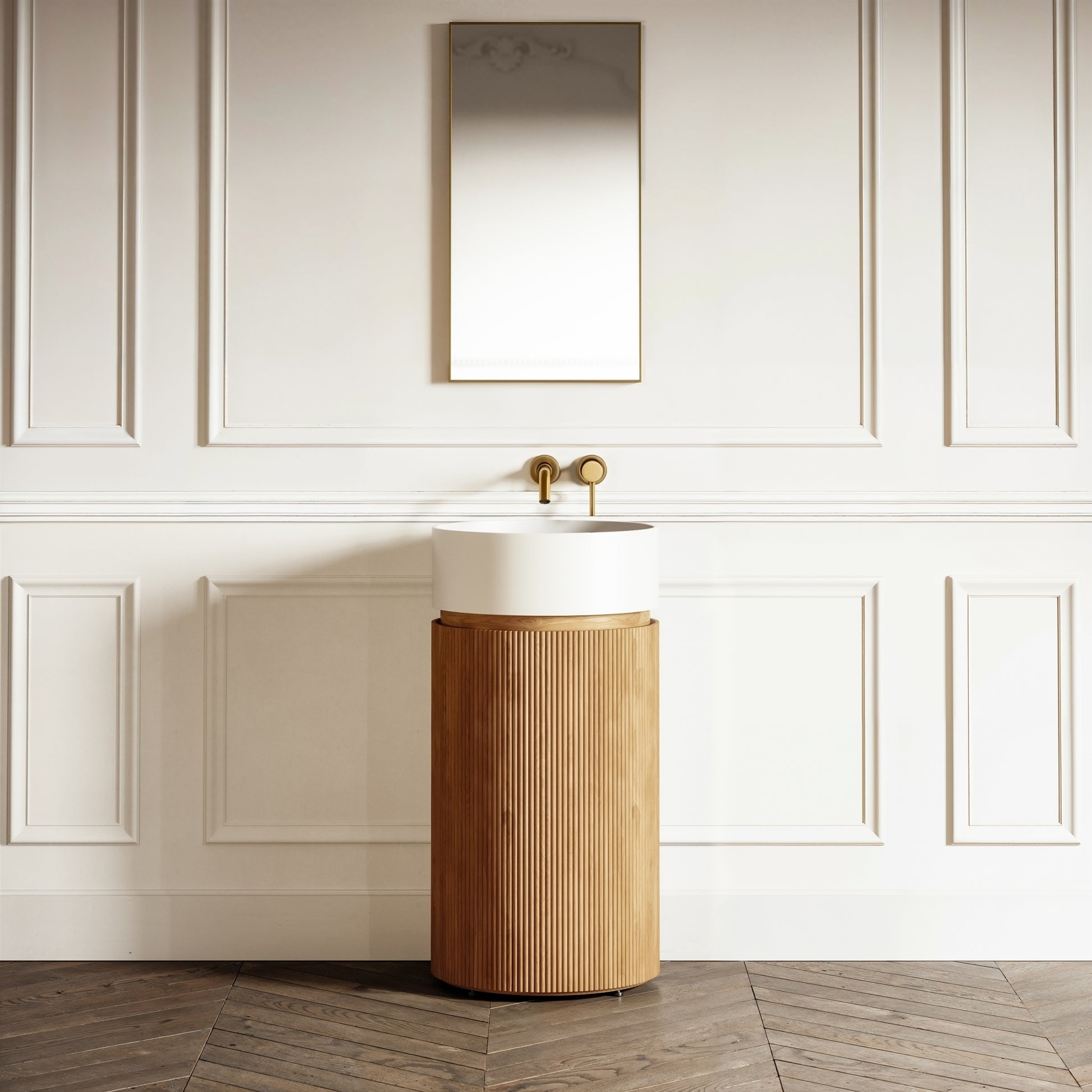 Chic Oak Wood Grain Cylinder Vanity Unit with Stone Basin 450mm