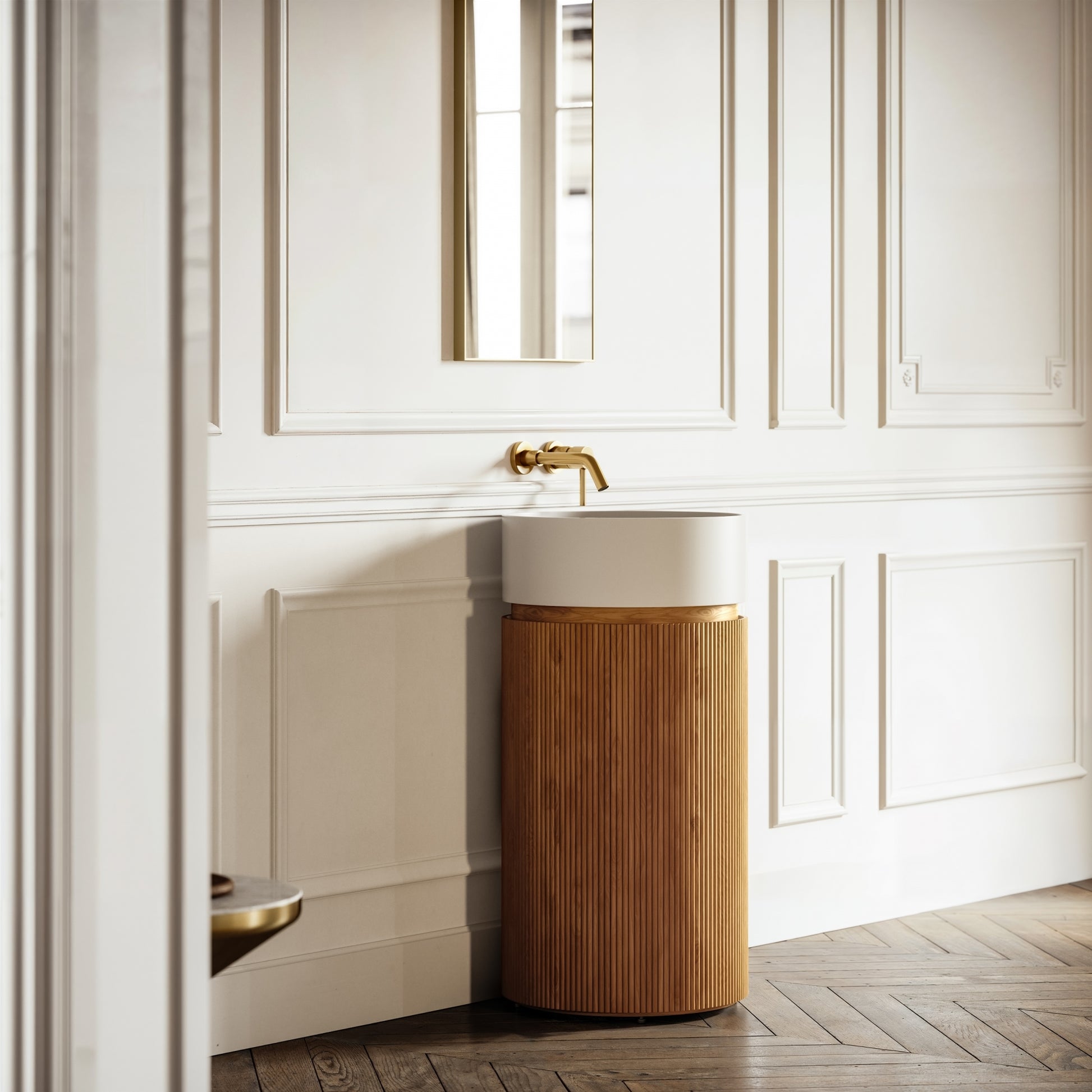 Chic Oak Wood Grain Cylinder Vanity Unit with Stone Basin 450mm