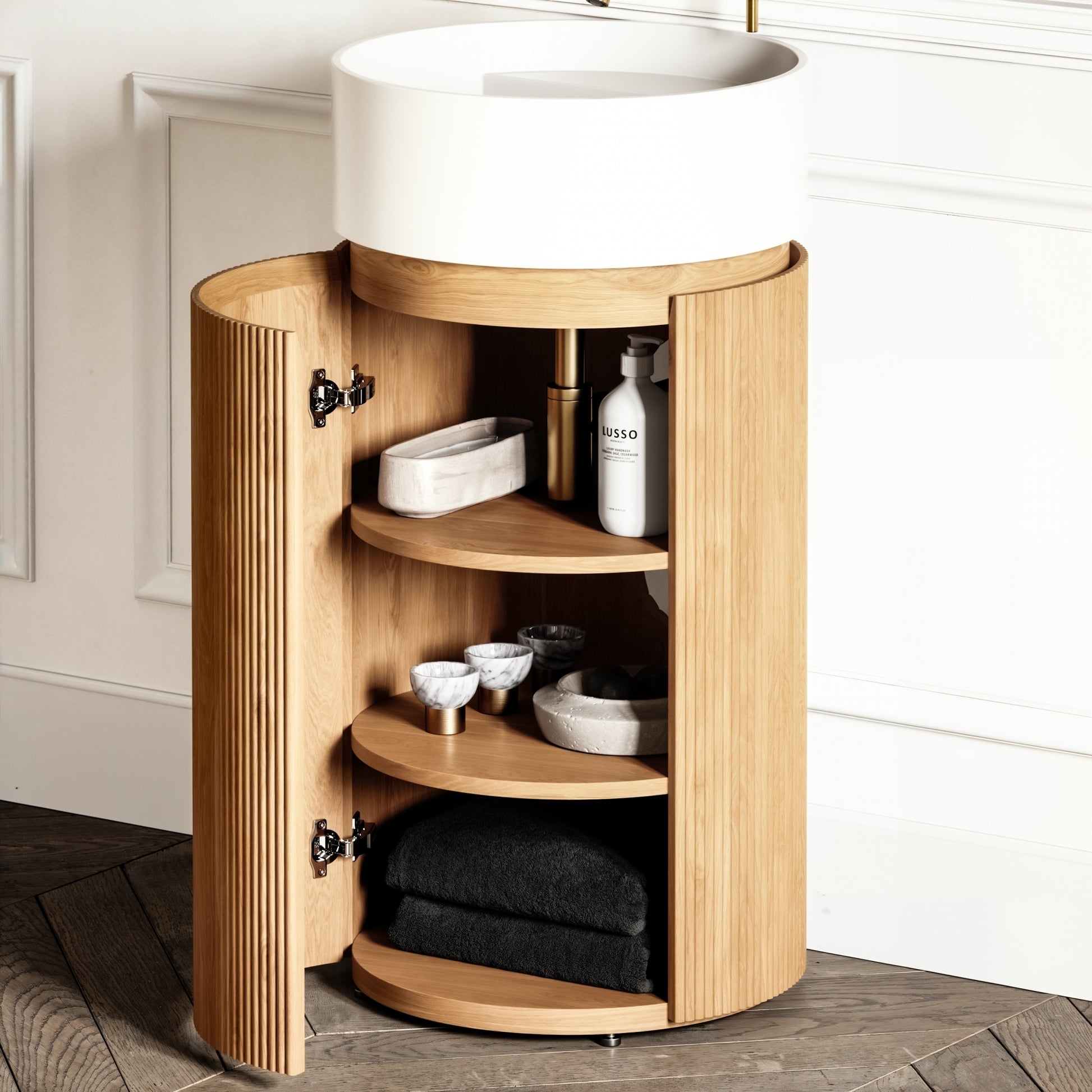 Chic Oak Wood Grain Cylinder Vanity Unit with Stone Basin 450mm