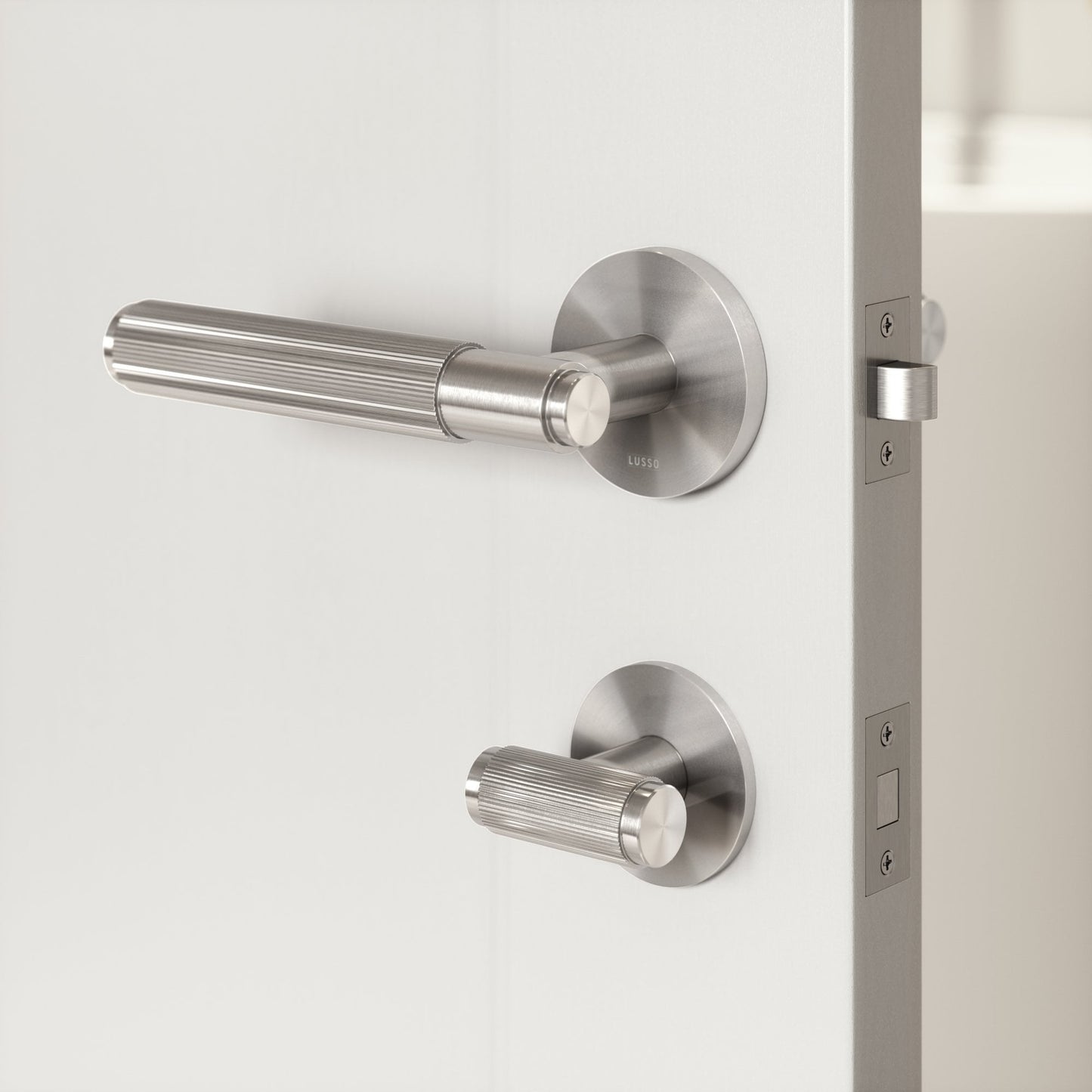 Dali Fluted Brushed Stainless Bathroom WC Door Handle Latch and Hinge Bundle