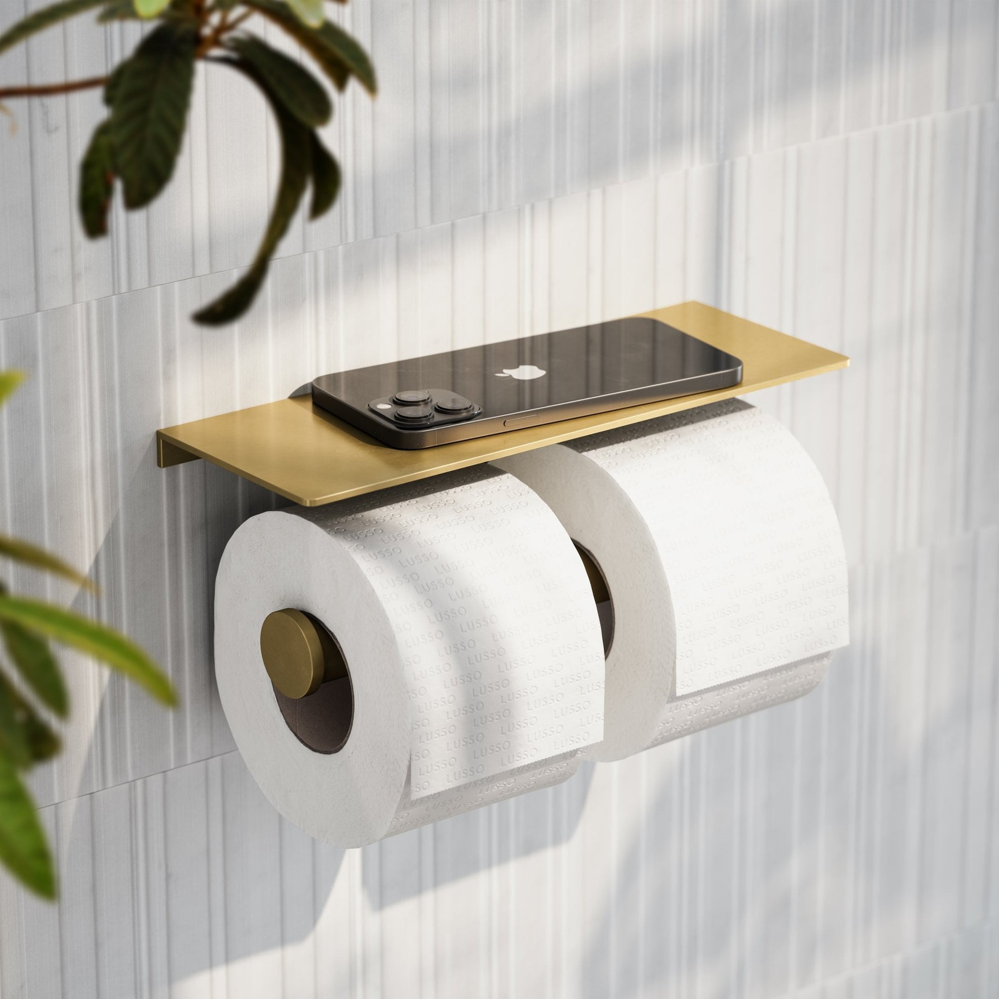 Deka Brushed Gold Double Toilet Roll Holder with Shelf