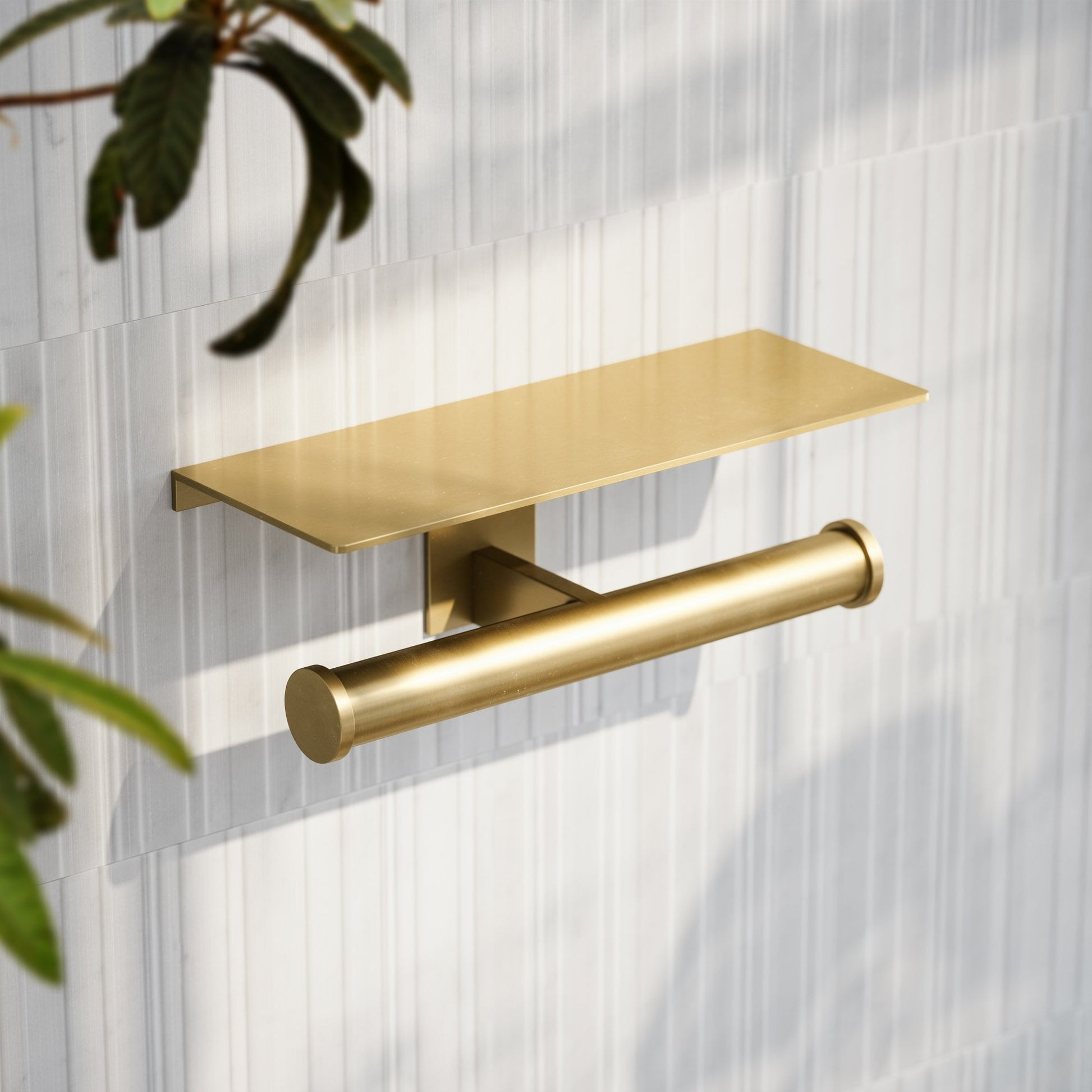 Deka Brushed Gold Double Toilet Roll Holder with Shelf