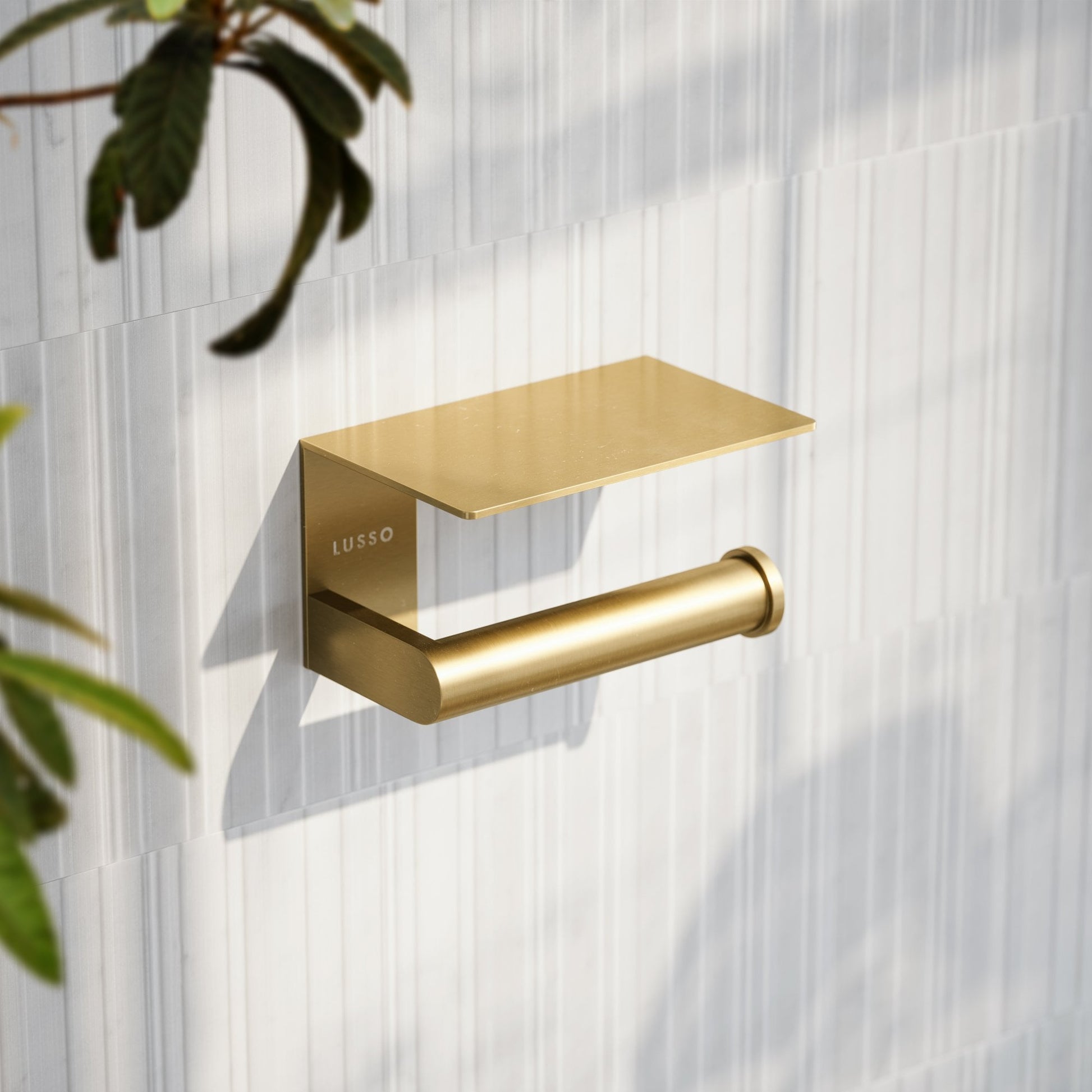 Deka Brushed Gold Toilet Roll Holder with Shelf