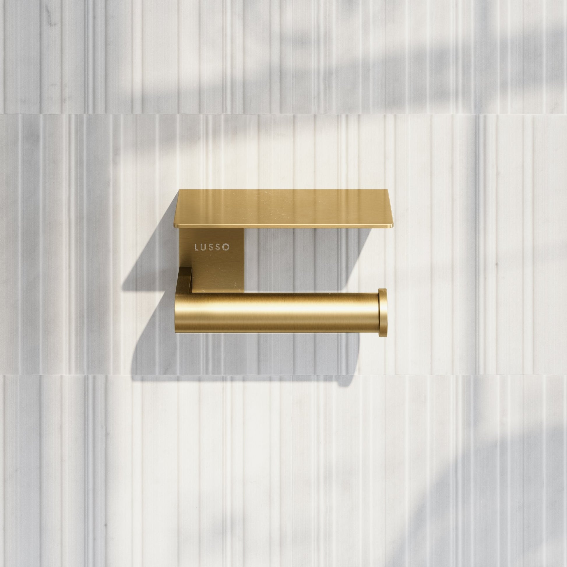 Deka Brushed Gold Toilet Roll Holder with Shelf