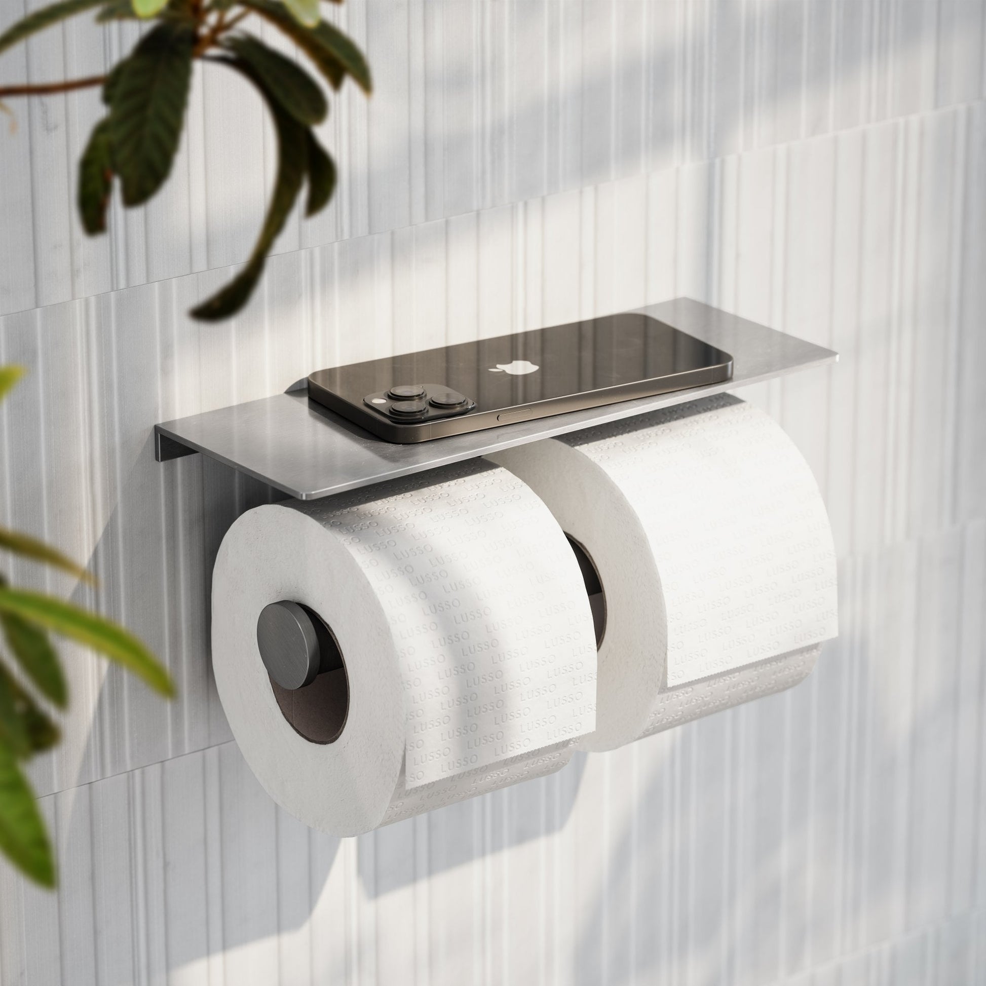 Deka Brushed Stainless Double Toilet Roll Holder with Shelf
