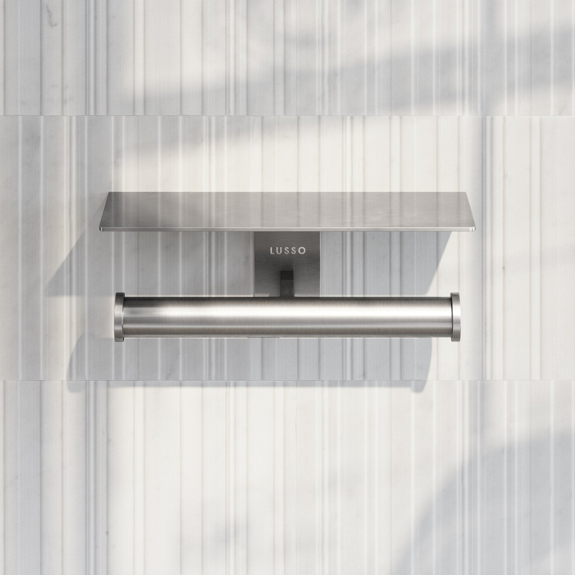 Deka Brushed Stainless Double Toilet Roll Holder with Shelf