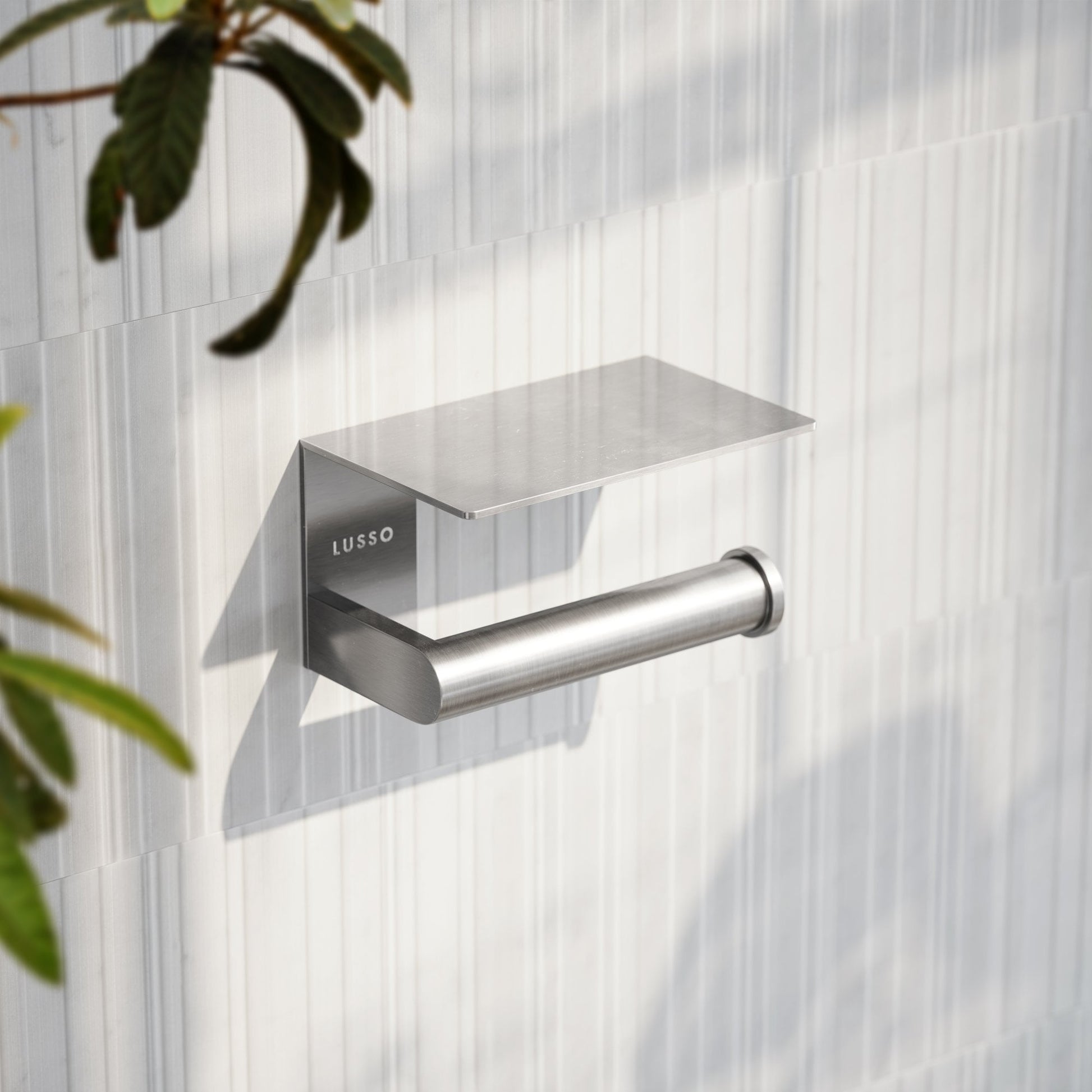 Deka Brushed Stainless Toilet Roll Holder with Shelf