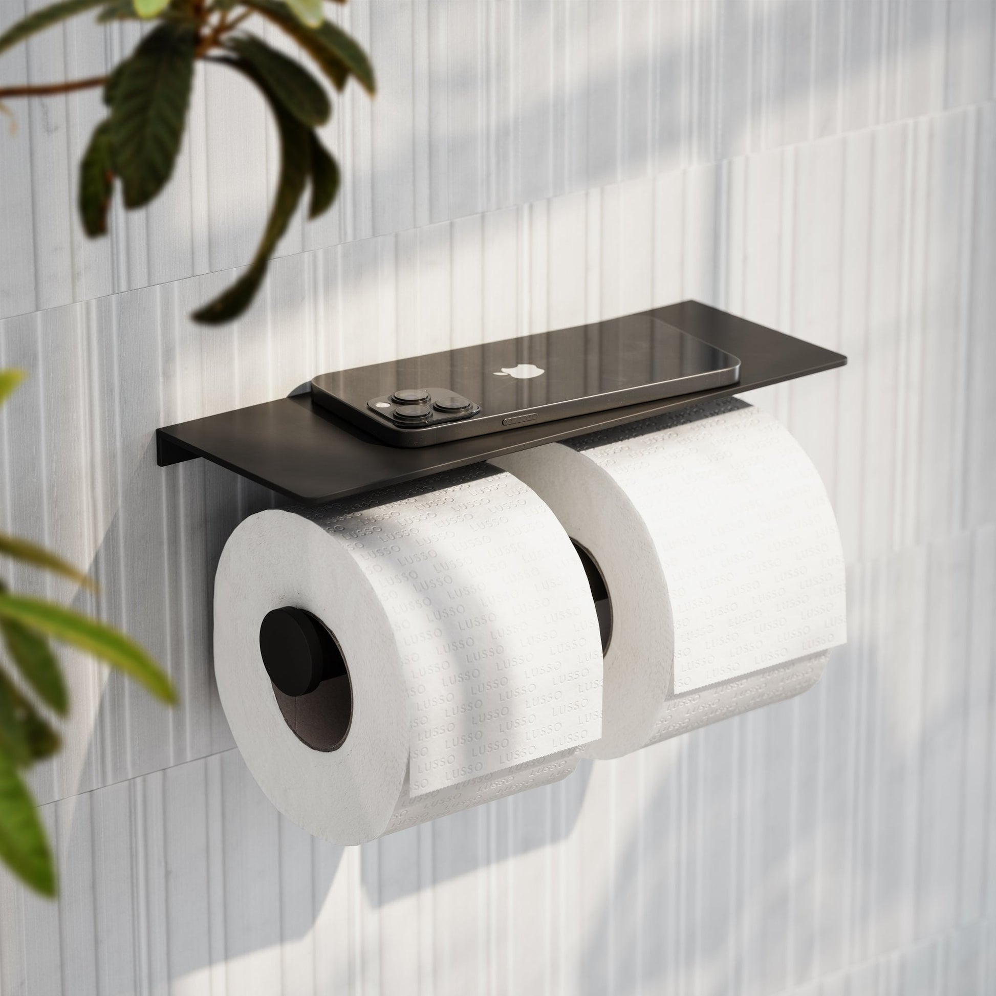 Deka Matte Black Double Toilet Roll Holder with Shelf