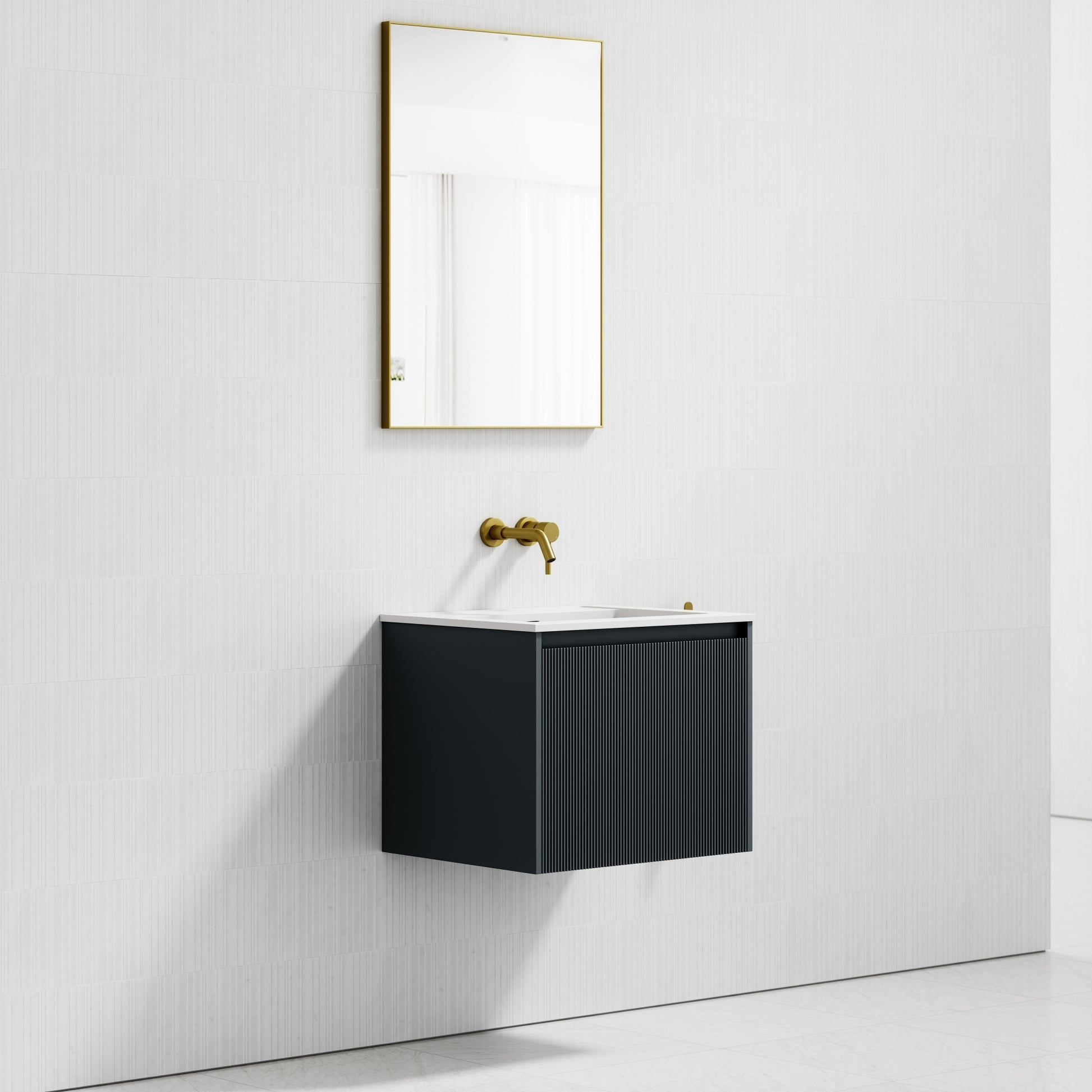 Eleganza Matte Blue Fluted Vanity Unit with Stone Basin 600mm