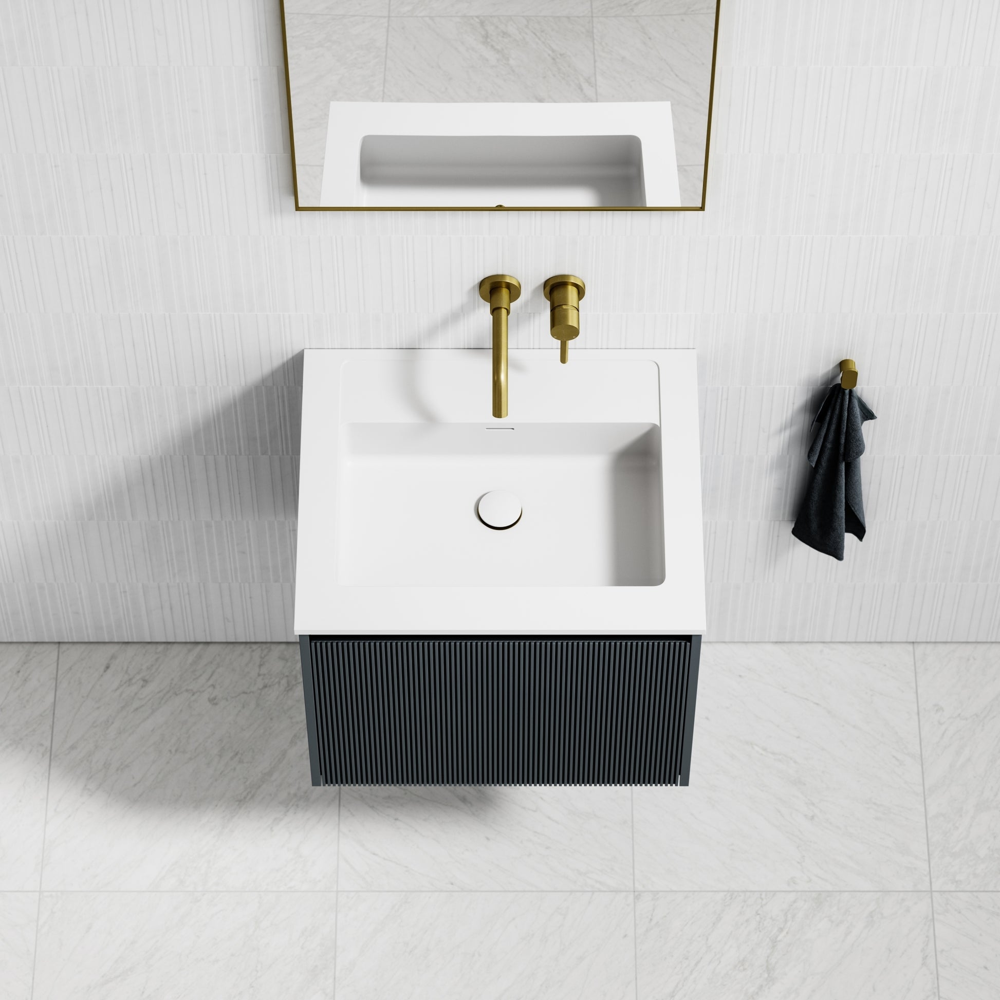 Eleganza Matte Blue Fluted Vanity Unit with Stone Basin 600mm