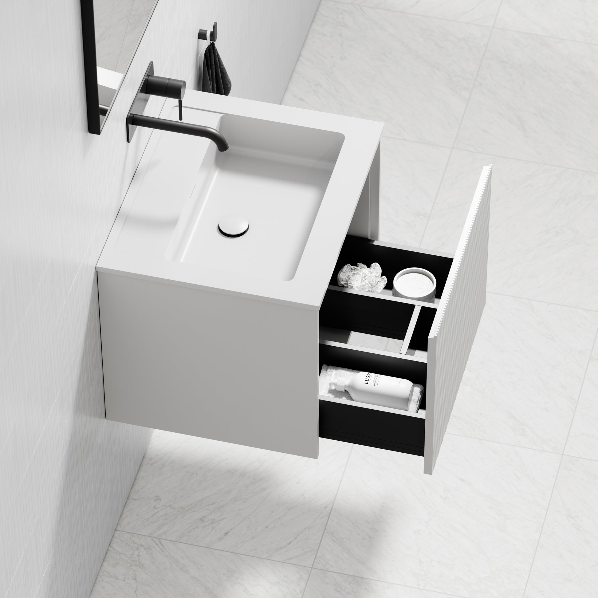 Eleganza Matte White Fluted Vanity Unit with Stone Basin 600mm