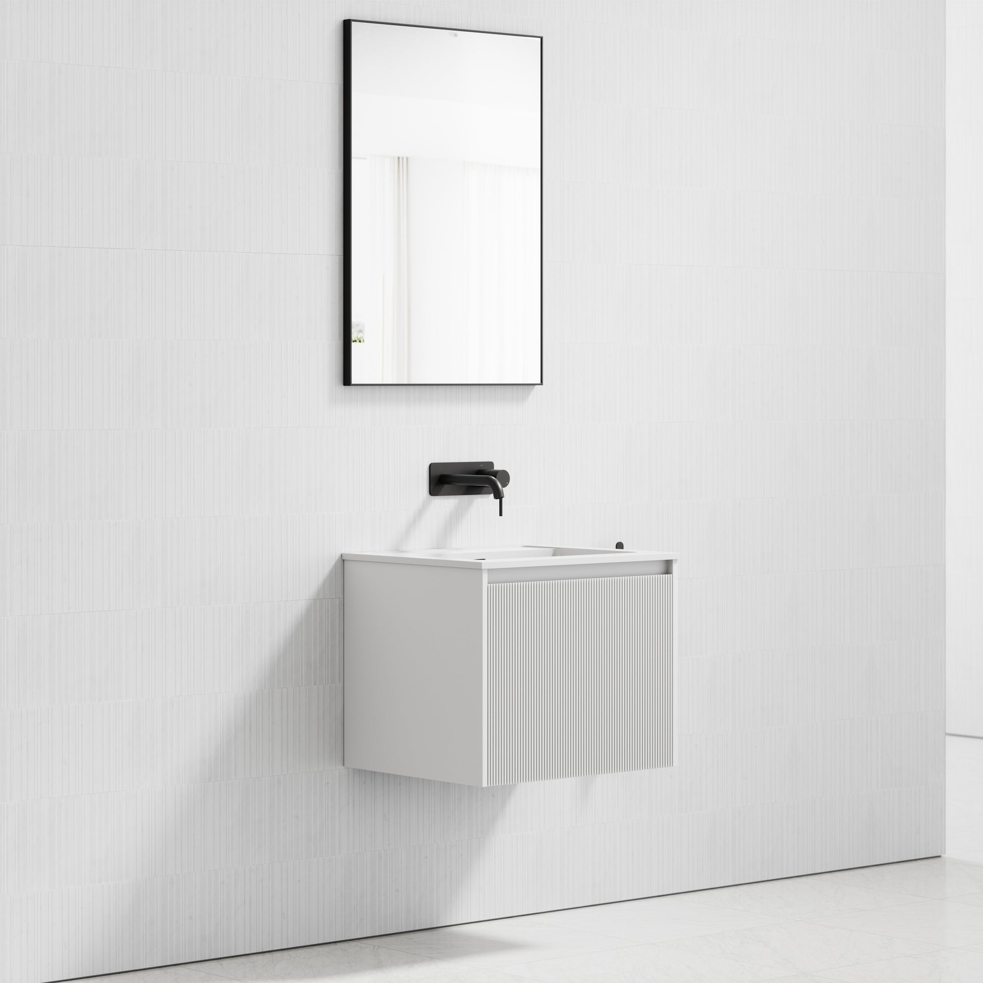 Eleganza Matte White Fluted Vanity Unit with Stone Basin 600mm