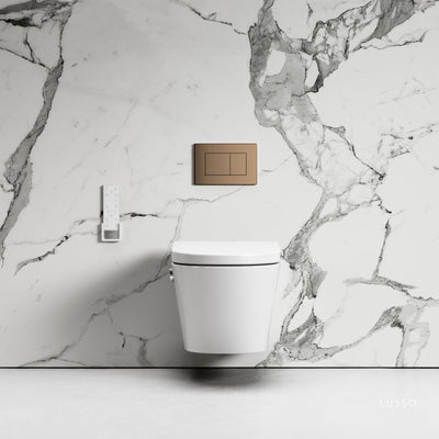 Intellismart Wall Hung Rimless Bidet Toilet with Concealed Cistern Frame and Rose Gold Flush Plate