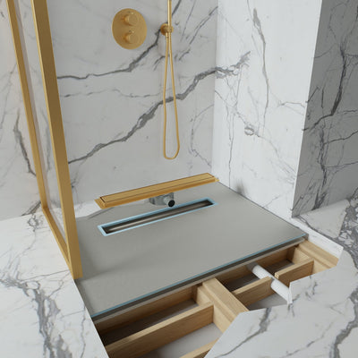 Linear Wet Room Walk in Shower Tray Kit + Tanking Kit + Brushed Gold Waste Kit