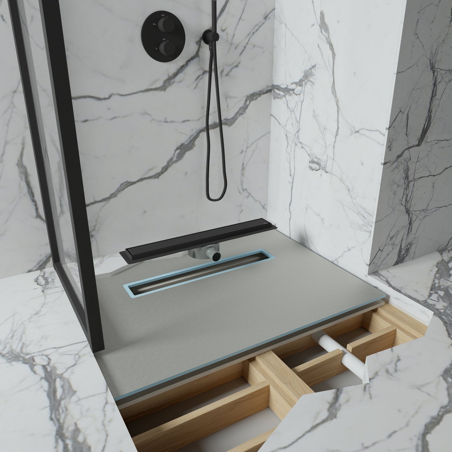 Linear Wet Room Walk in Shower Tray Kit + Tanking Kit + Matte Black Waste Kit