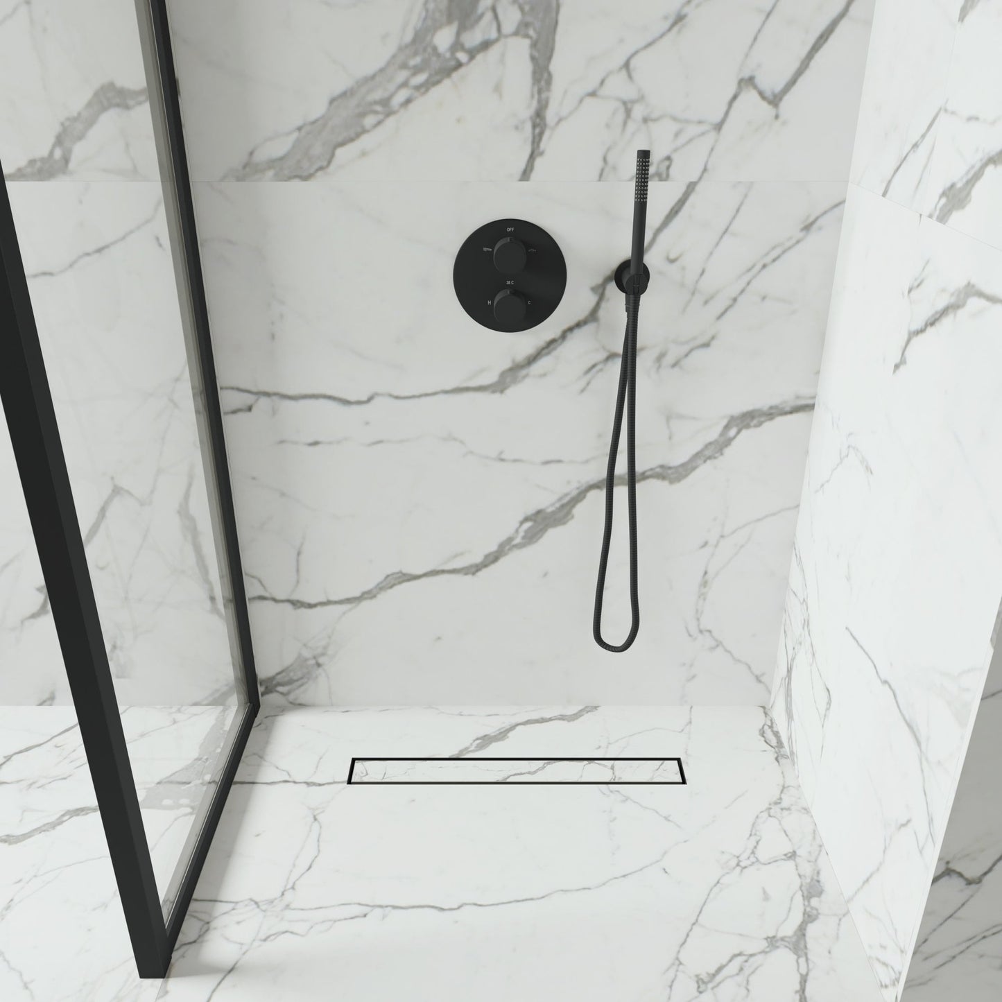 Linear Wet Room Walk in Shower Tray Kit + Tanking Kit + Matte Black Waste Kit