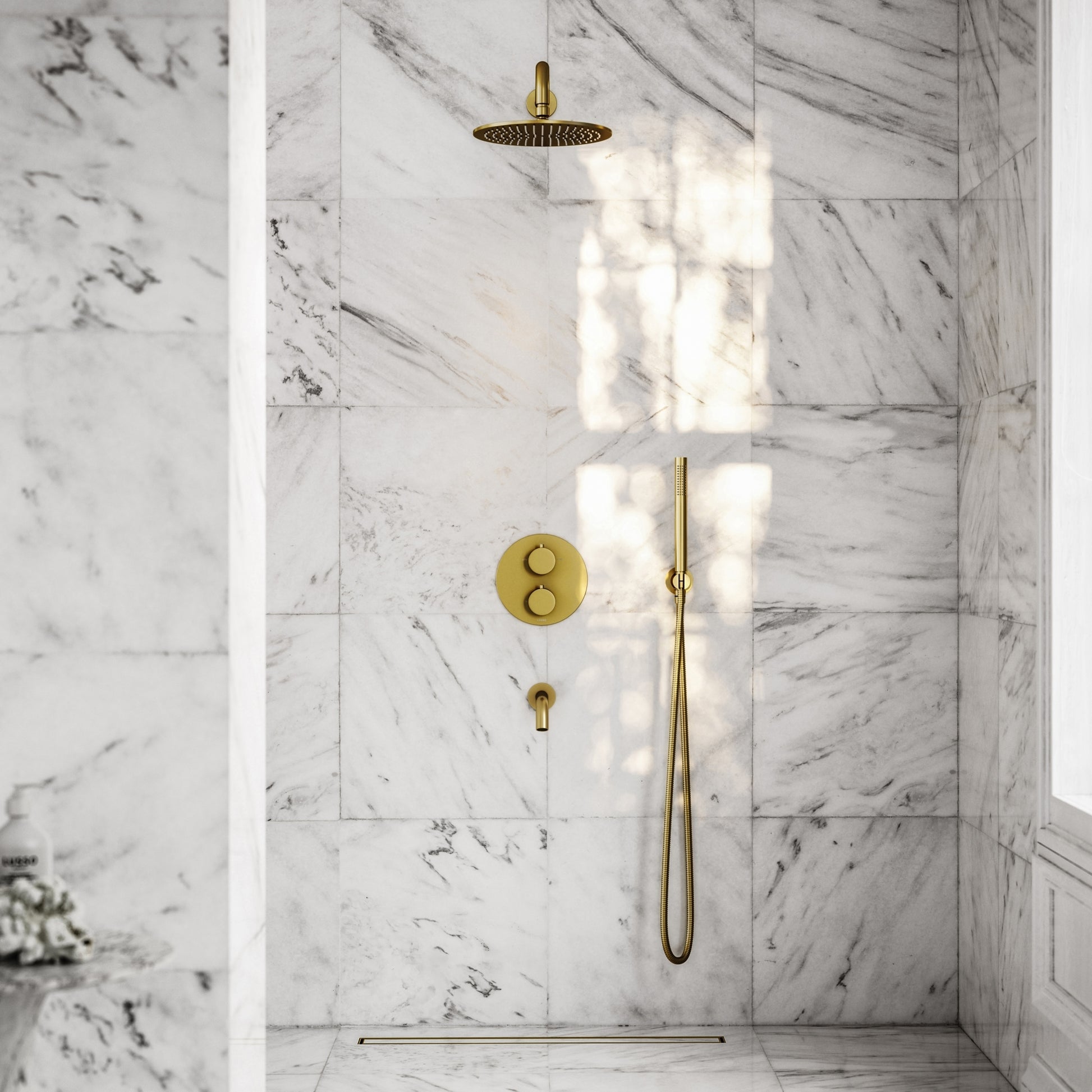 Luxe Brushed Gold 3 Way Thermostatic Shower with Handheld Shower & Bath Spout