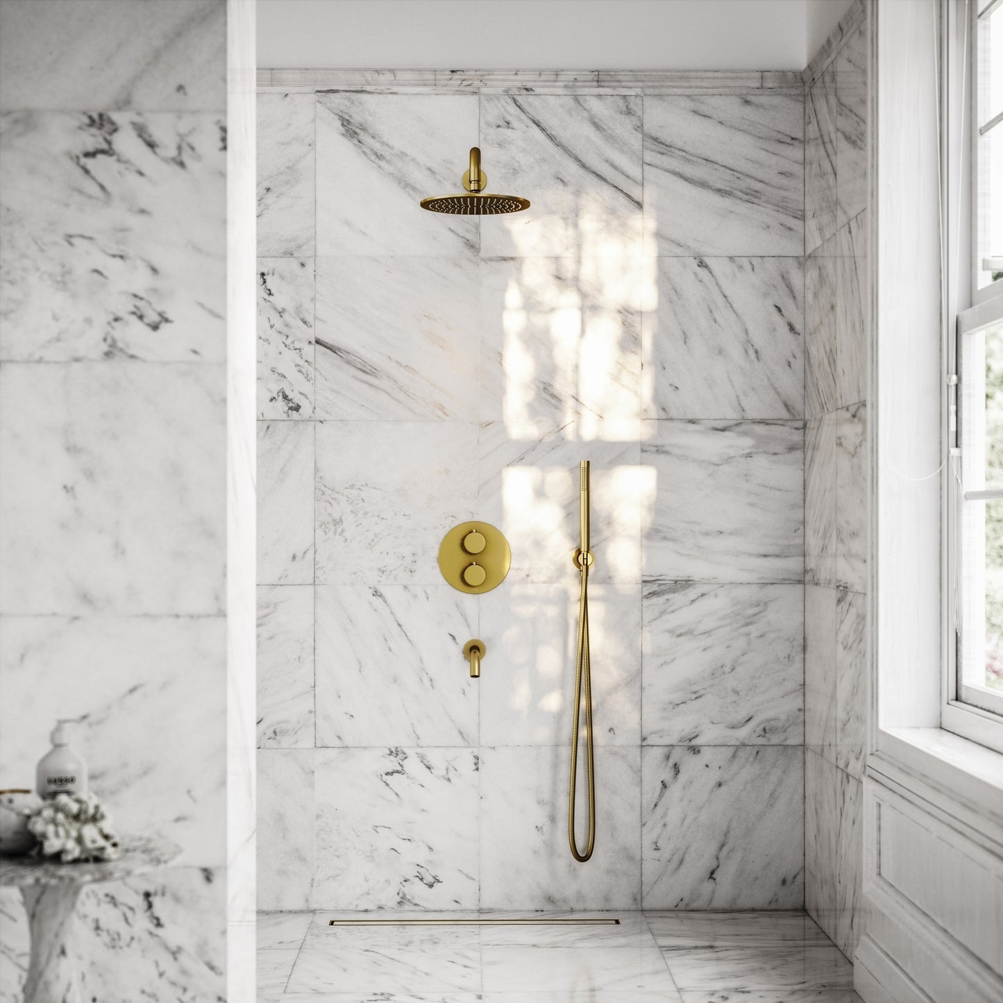 Luxe Brushed Gold 3 Way Thermostatic Shower with Handheld Shower & Bath Spout