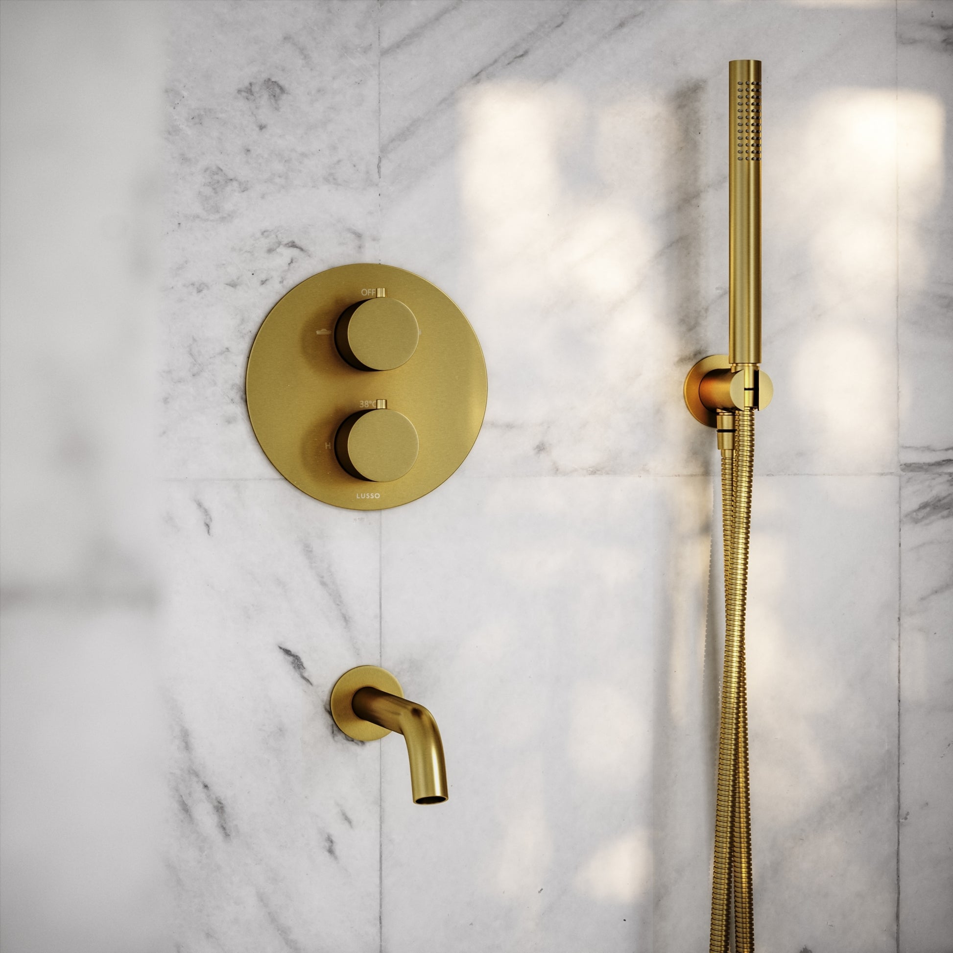 Luxe Brushed Gold 3 Way Thermostatic Shower with Handheld Shower & Bath Spout