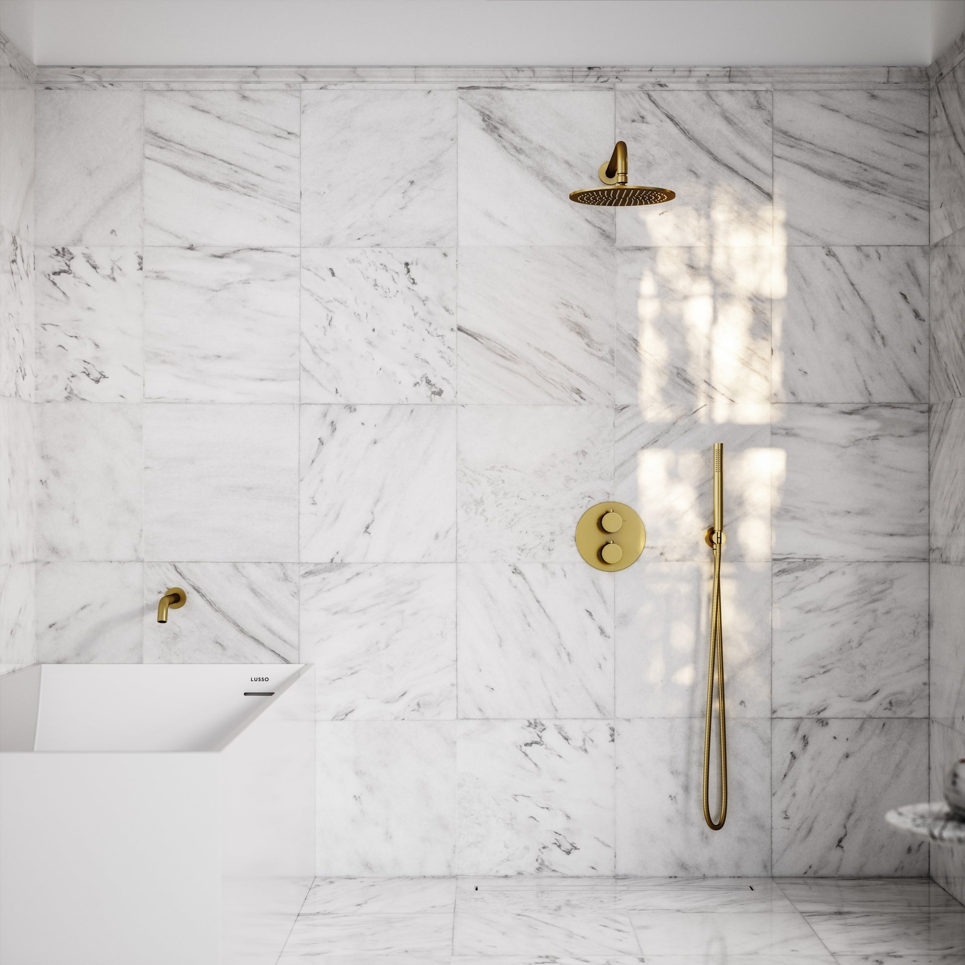 Luxe Brushed Gold 3 Way Thermostatic Shower with Handheld Shower & Bath Spout