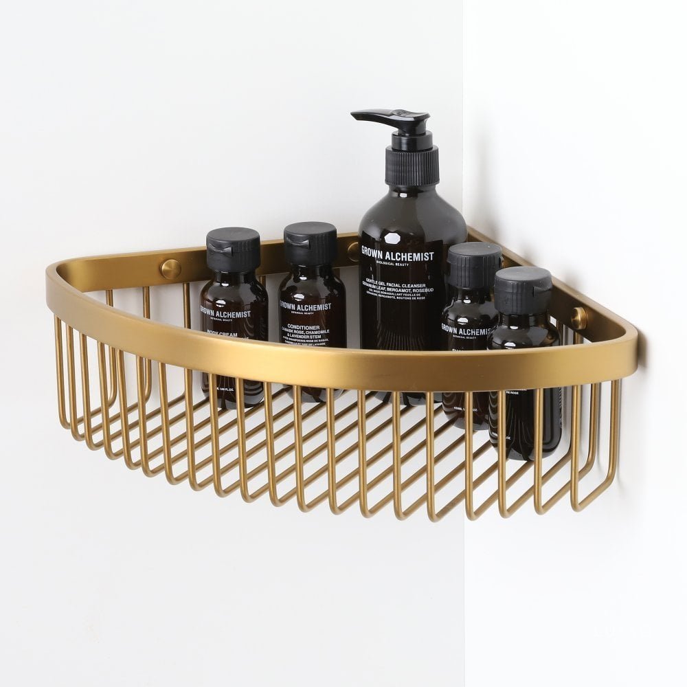 Luxe Brushed Gold Corner Shower Storage Basket