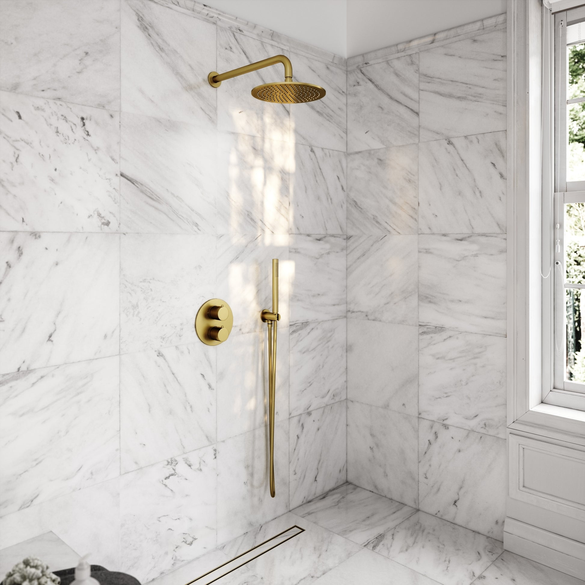 Luxe Brushed Gold Thermostatic Shower with Handheld Shower