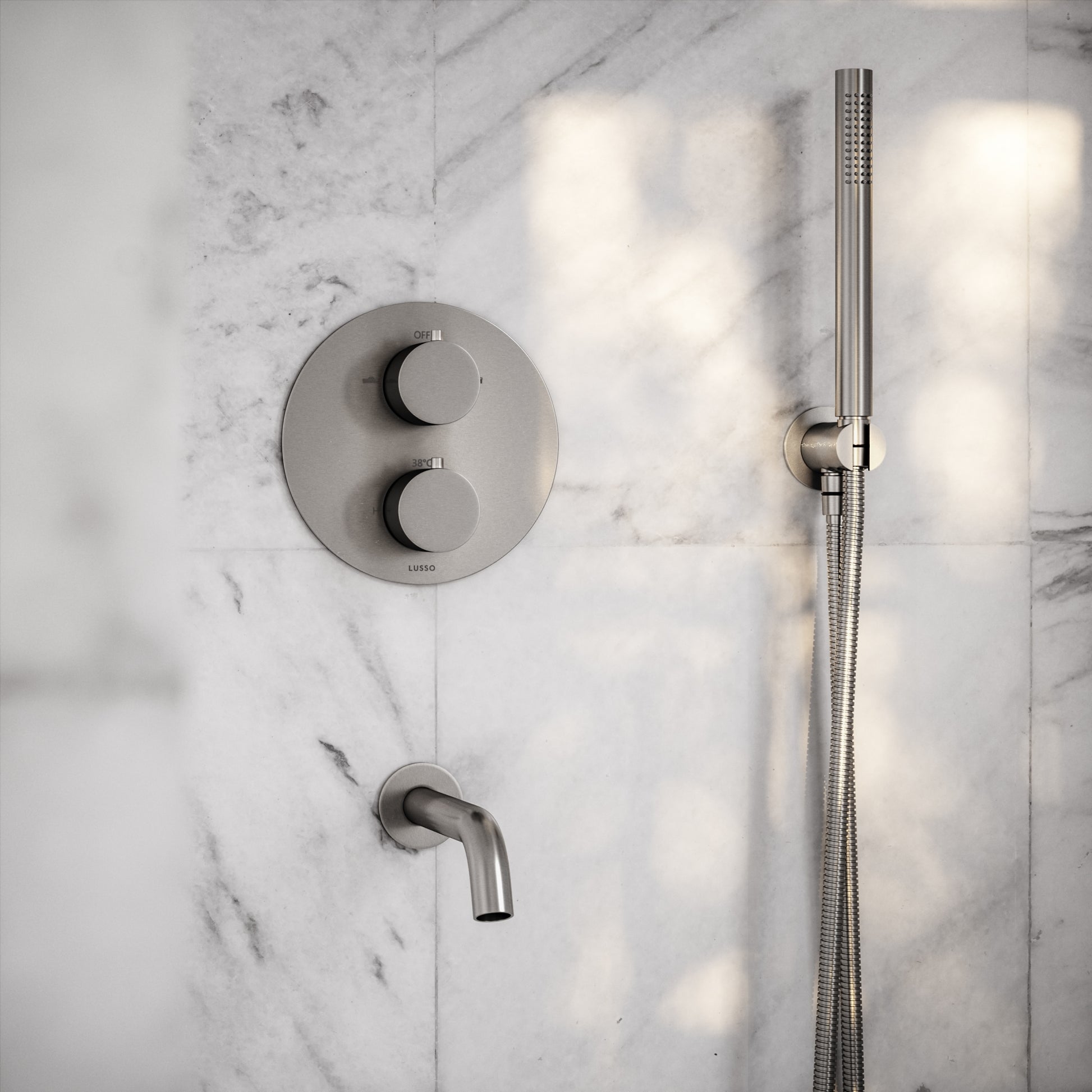 Luxe Brushed Stainless 3 Way Thermostatic Shower with Handheld Shower & Bath Spout