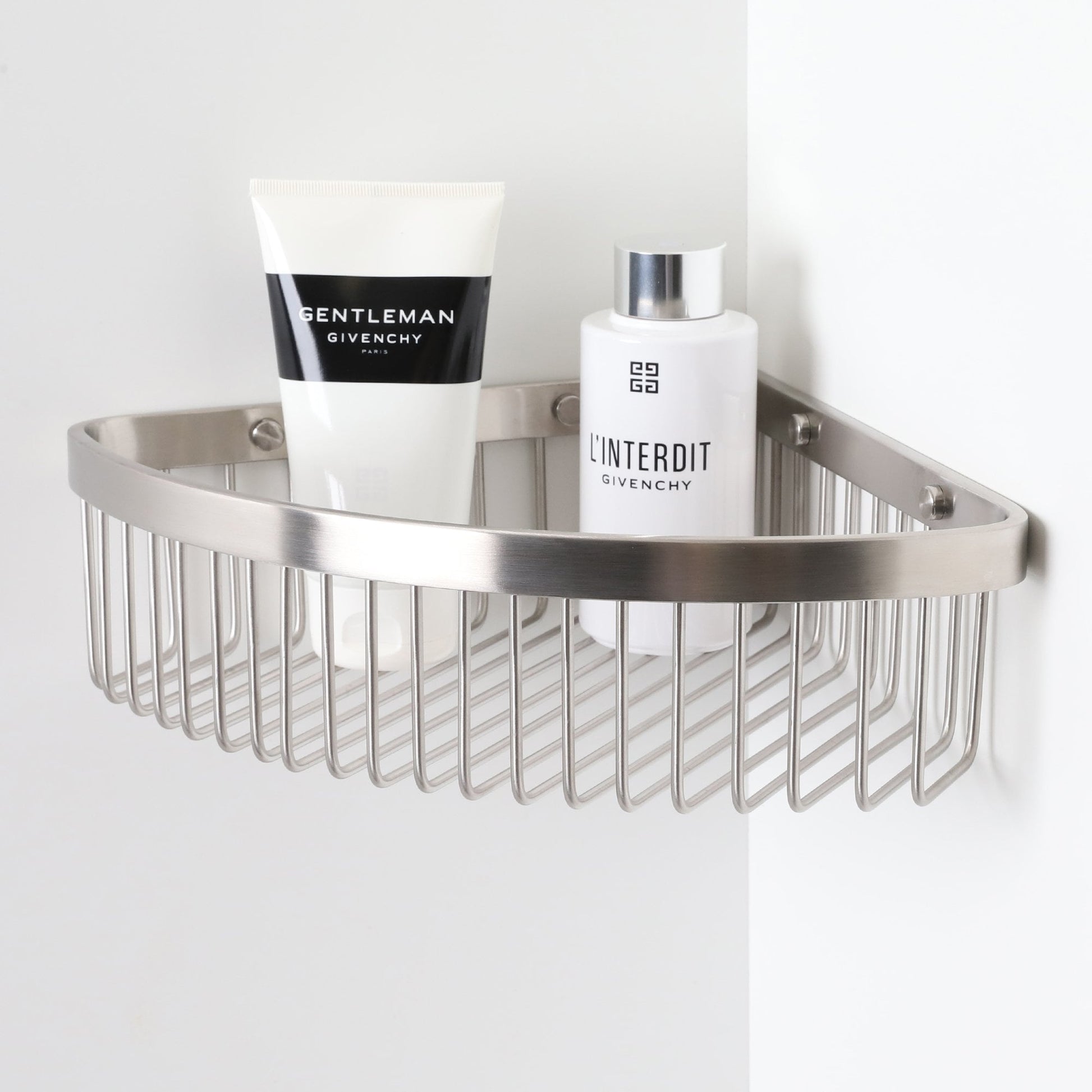 Luxe Brushed Stainless Corner Shower Storage Basket