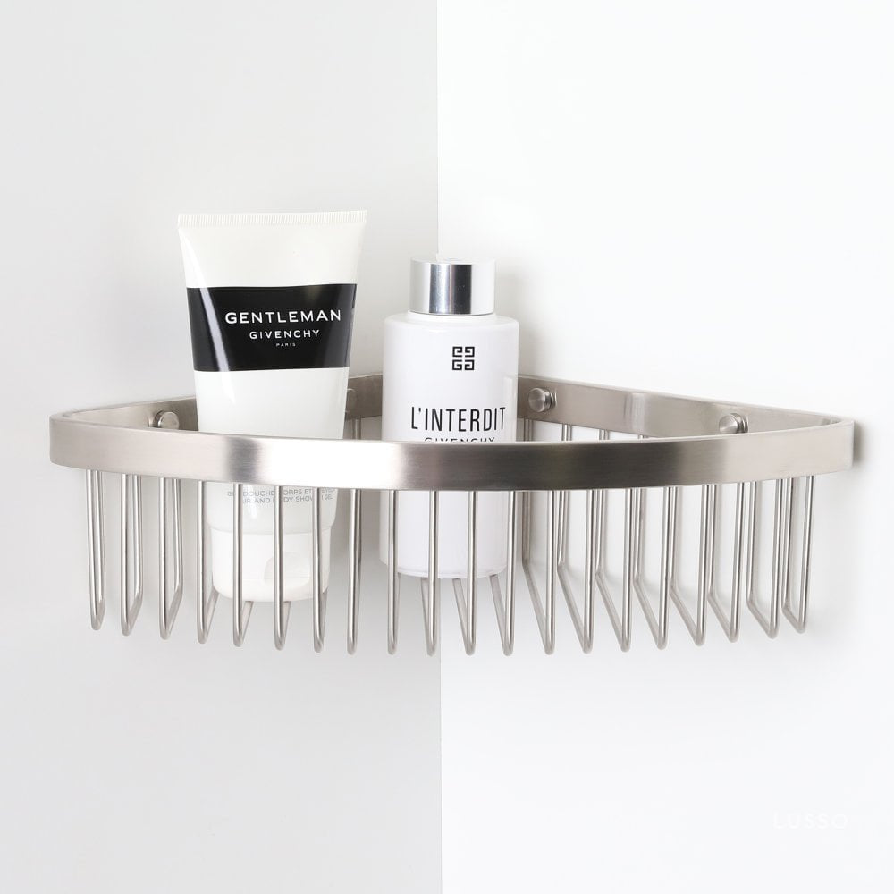 Luxe Brushed Stainless Corner Shower Storage Basket