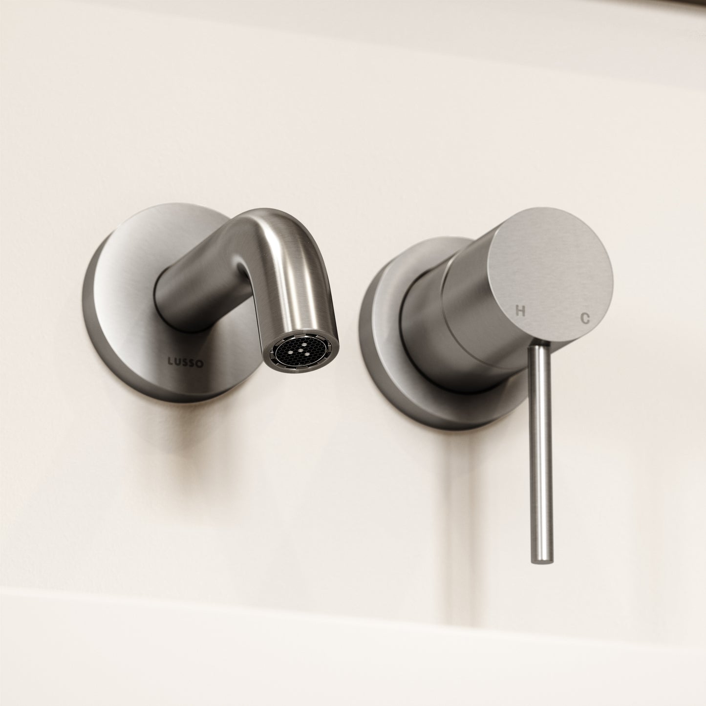 Luxe Brushed Stainless Short Projection Wall Mounted Basin Mixer Tap