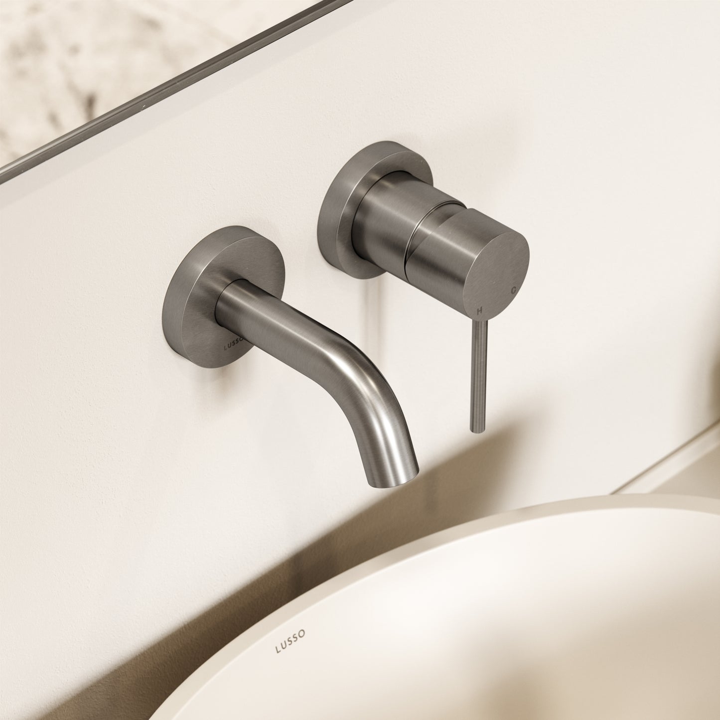 Luxe Brushed Stainless Short Projection Wall Mounted Basin Mixer Tap