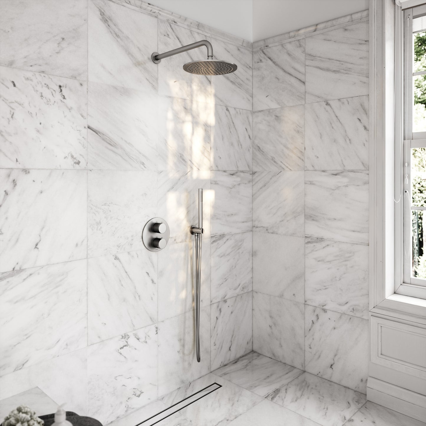 Luxe Brushed Stainless Thermostatic Shower with Handheld Shower