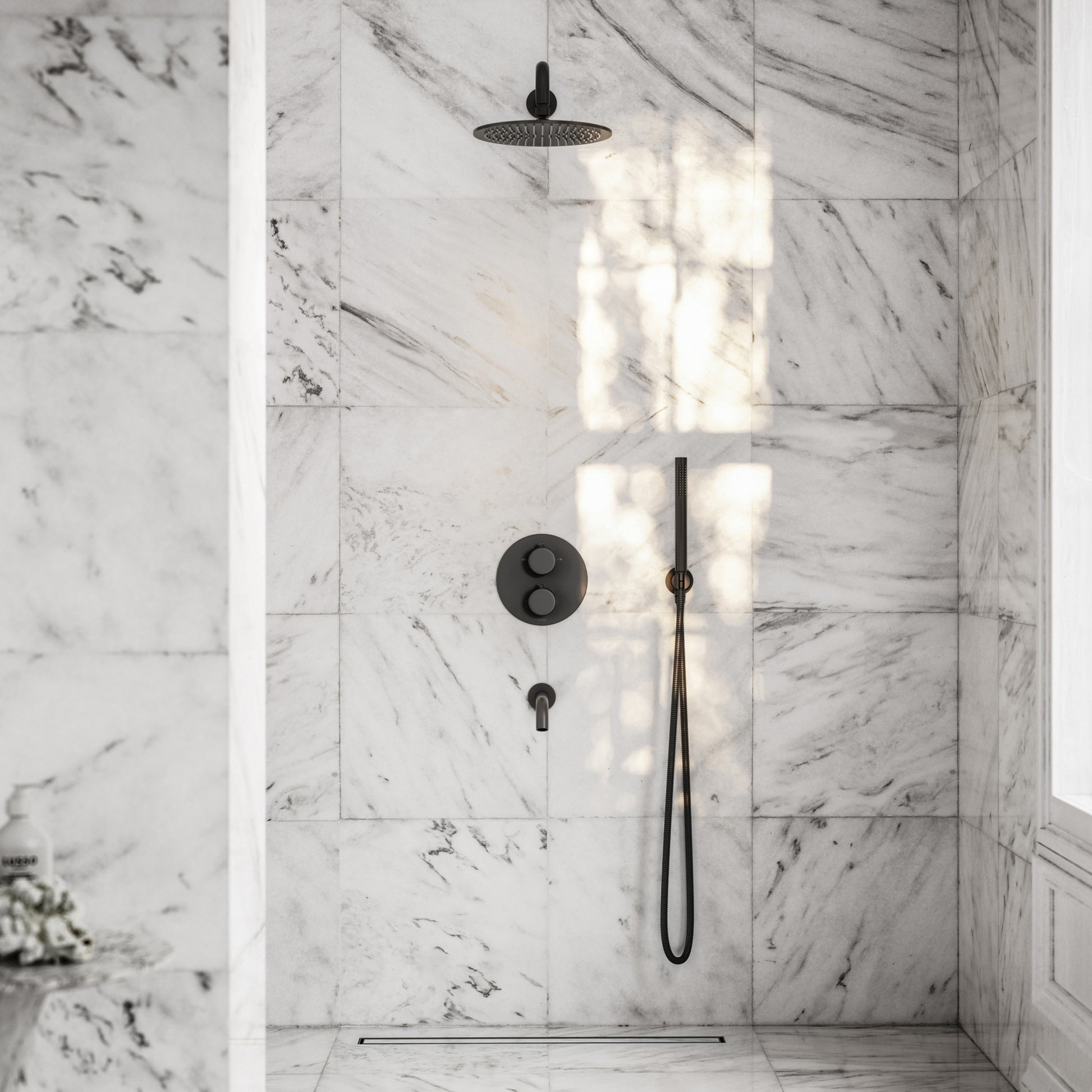 Luxe Matte Black 3 Way Thermostatic Shower with Handheld Shower & Bath Spout