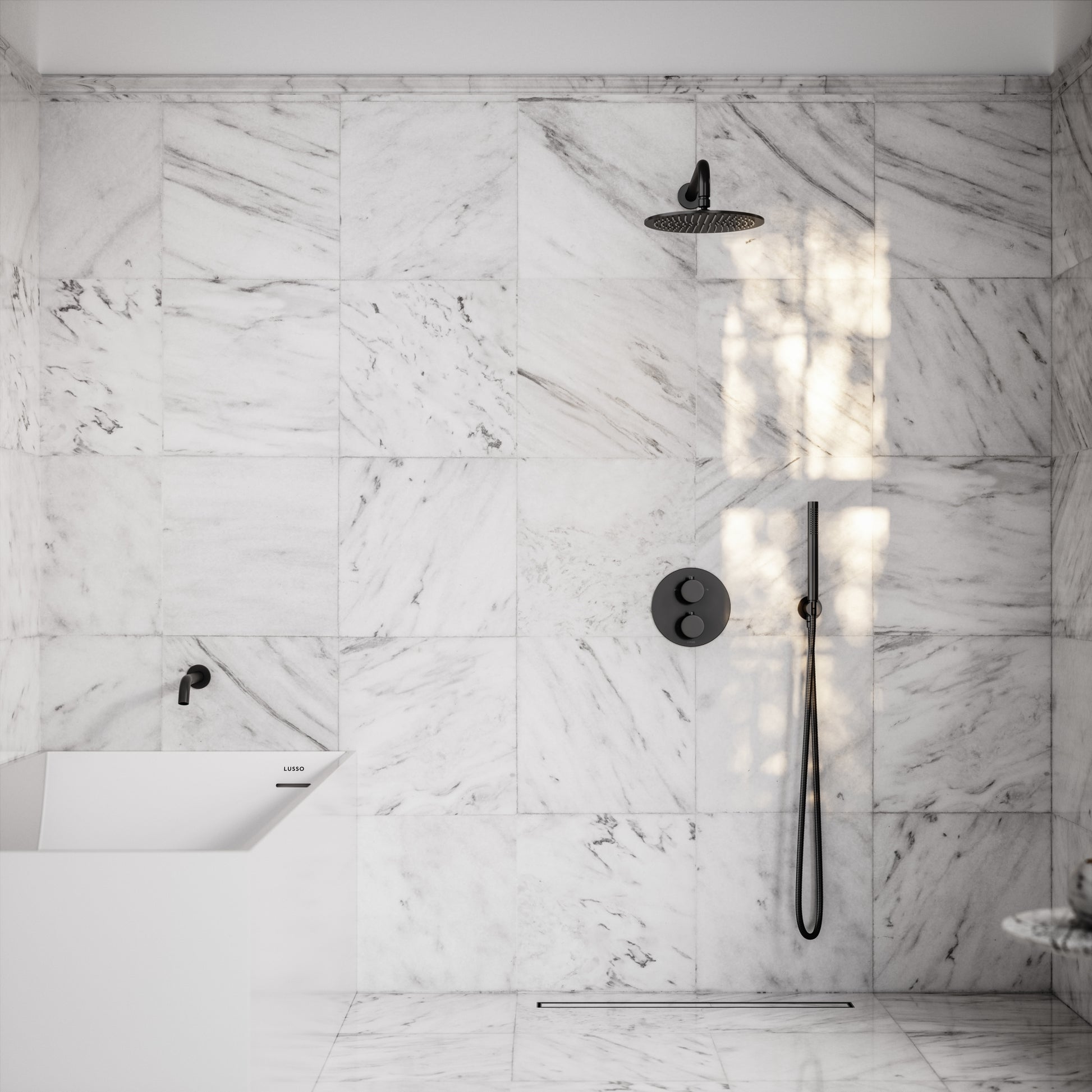 Luxe Matte Black 3 Way Thermostatic Shower with Handheld Shower & Bath Spout