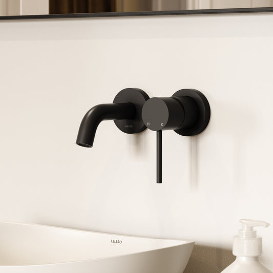 Luxe Matte Black Short Projection Wall Mounted Basin Mixer Tap