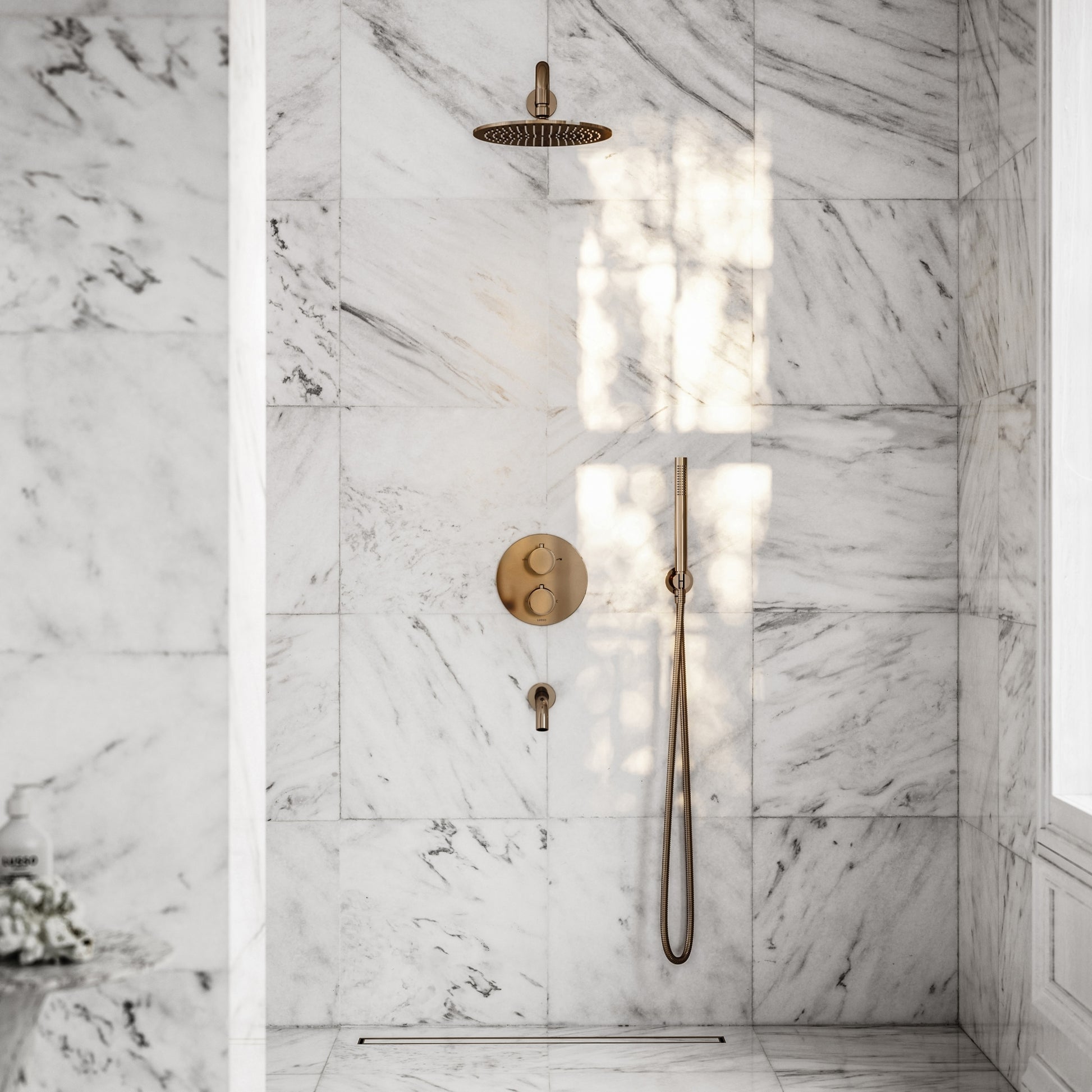 Luxe Rose Gold 3 Way Thermostatic Shower with Handheld Shower & Bath Spout