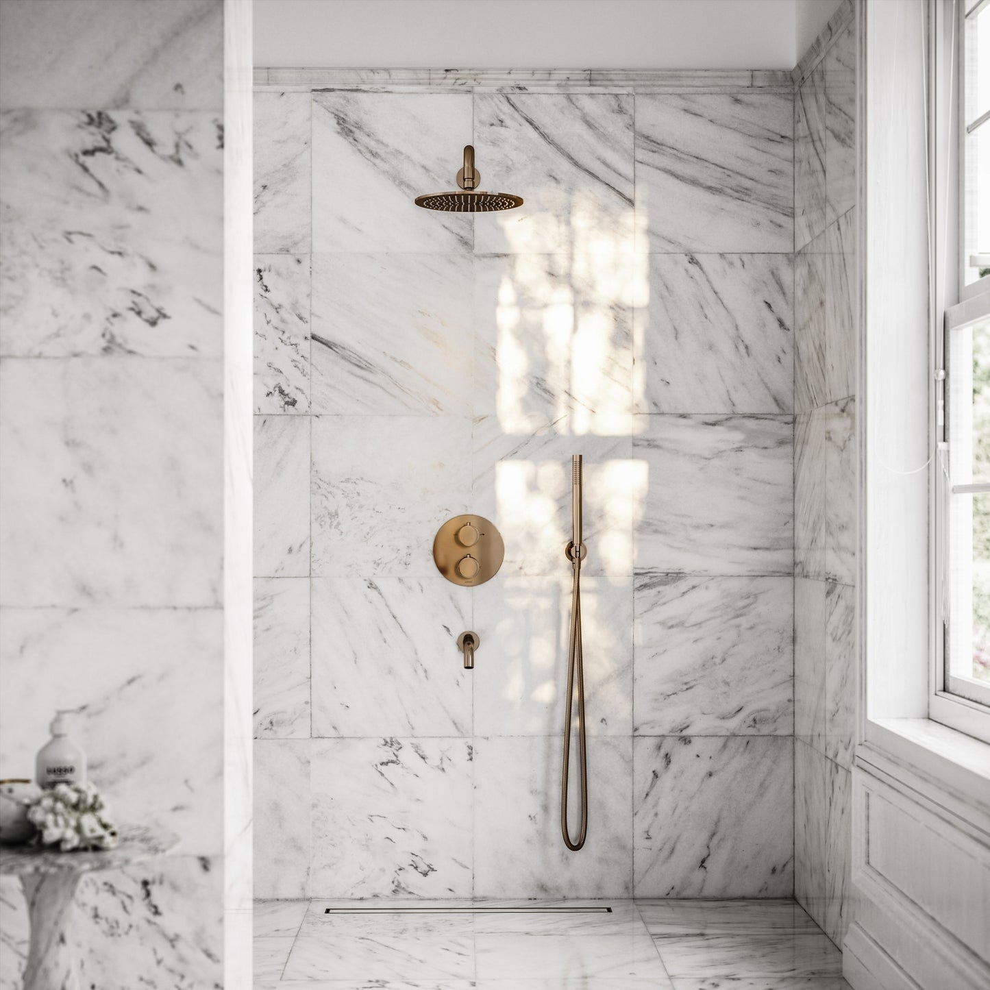 Luxe Rose Gold 3 Way Thermostatic Shower with Handheld Shower & Bath Spout