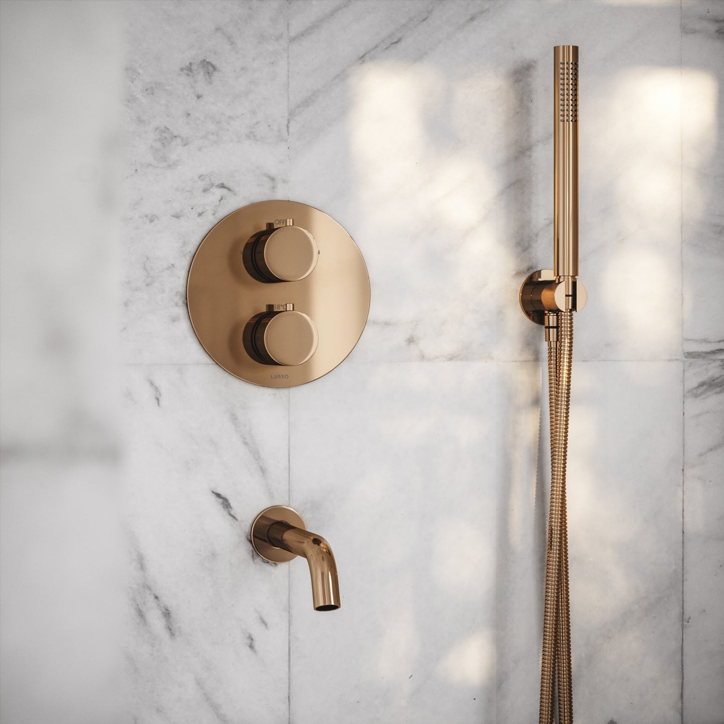Luxe Rose Gold 3 Way Thermostatic Shower with Handheld Shower & Bath Spout
